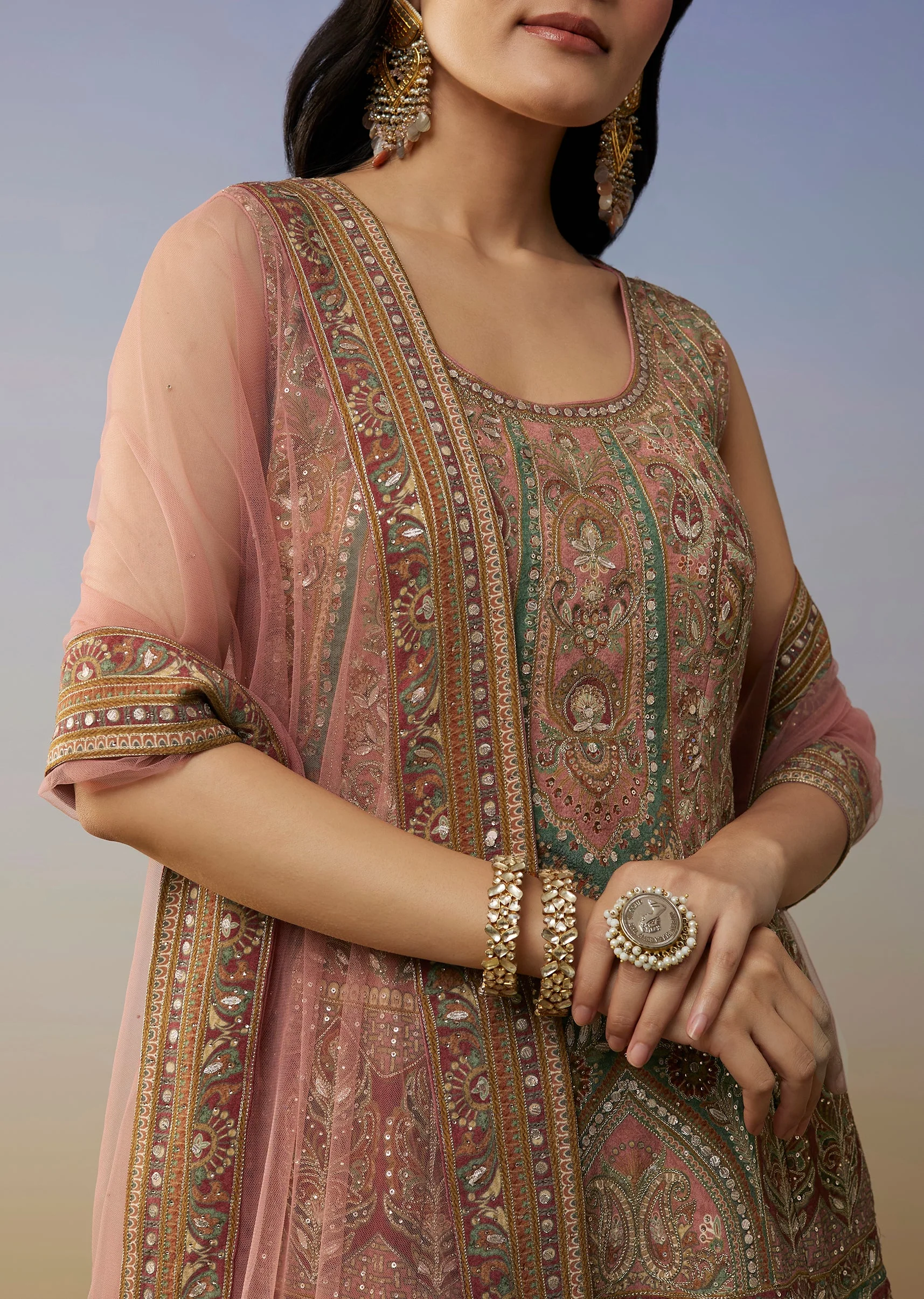 Pink Crepe Palazzo Suits with Gotta Lace Work - Image 2
