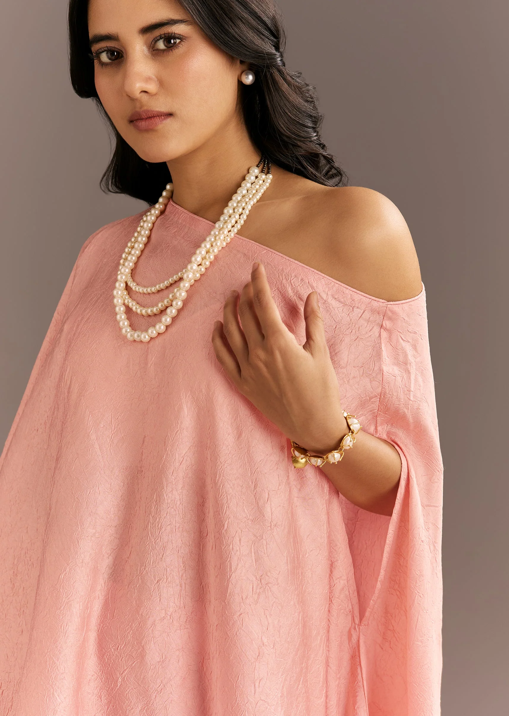 Pink Crush Silk One Shoulder Kurta - Image 2