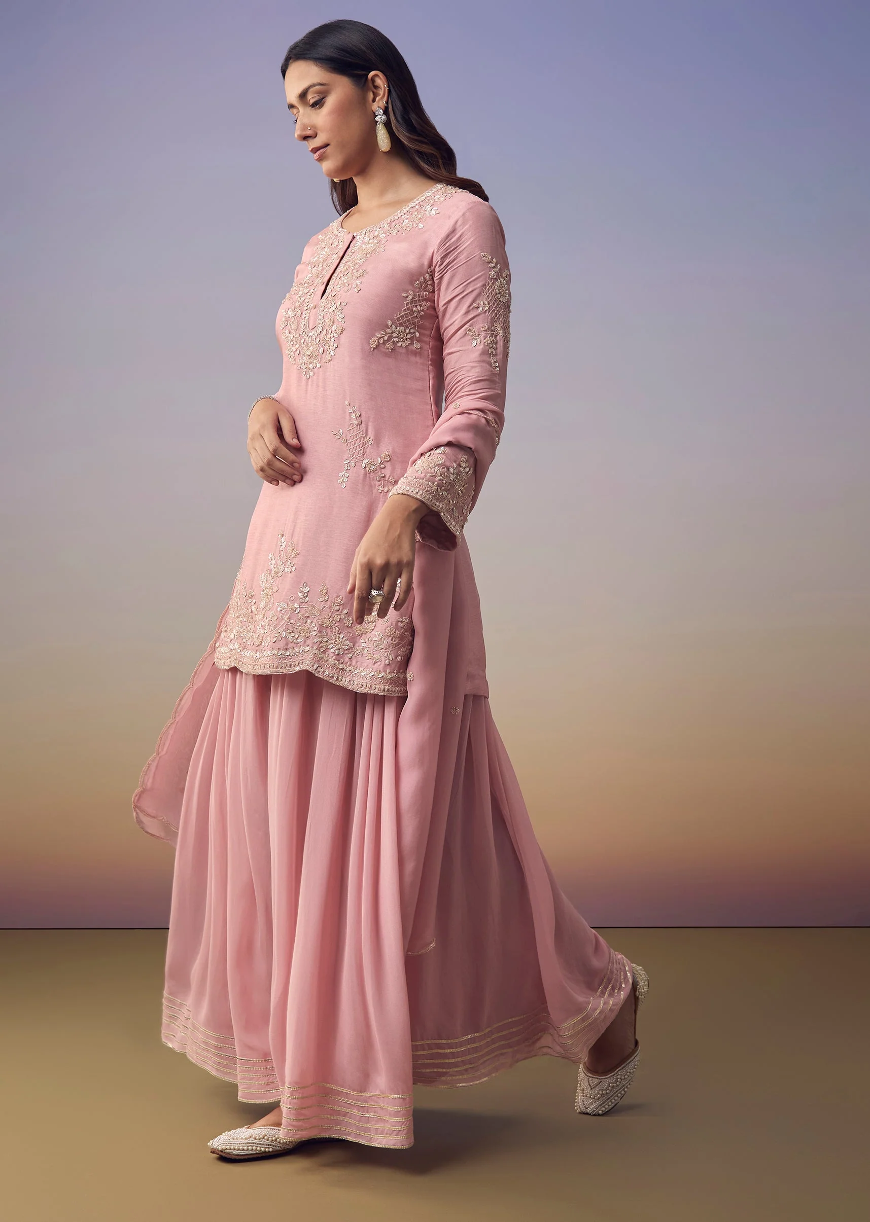 Pink Cutdana Embellished Kurta And Palazzo Set - Image 3