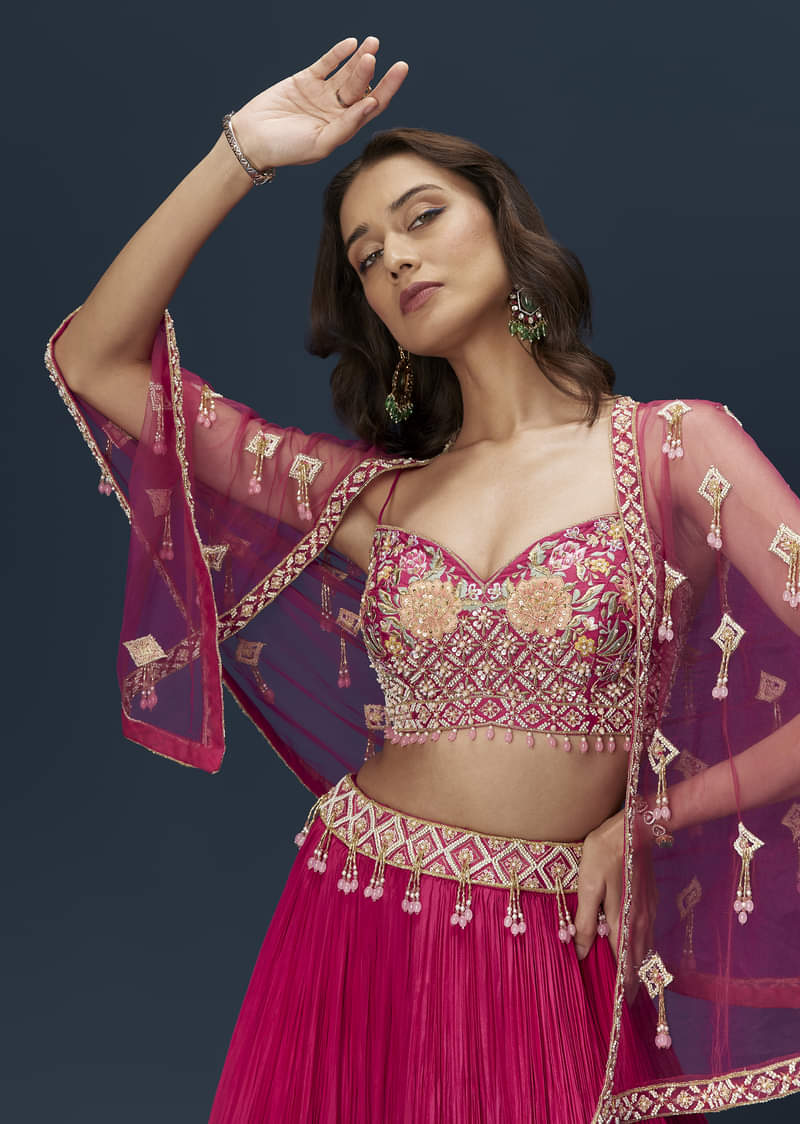 Pink Embroidered Bridesmaid Lehenga With Coordinated Cape And Blouse - Image 5