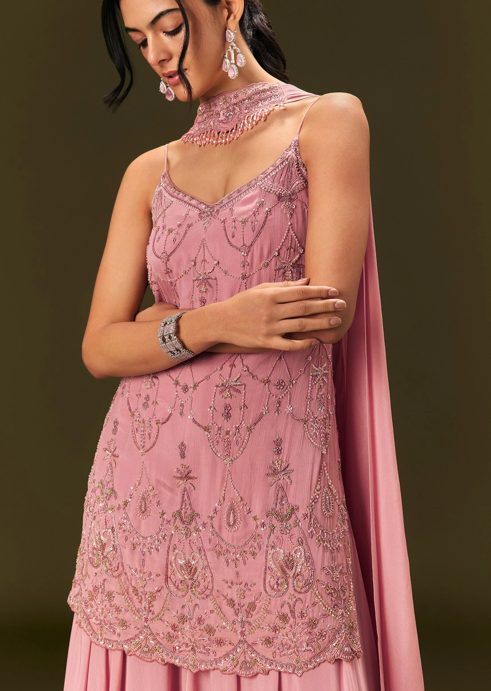 Pink Embroidered Chinon Kurti With Flared Pant And Choker Dupatta - Image 3