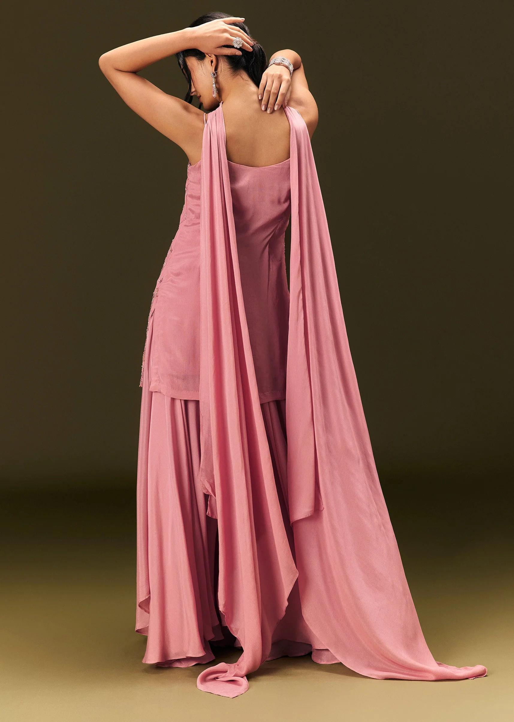 Pink Embroidered Chinon Kurti With Flared Pant And Choker Dupatta - Image 5