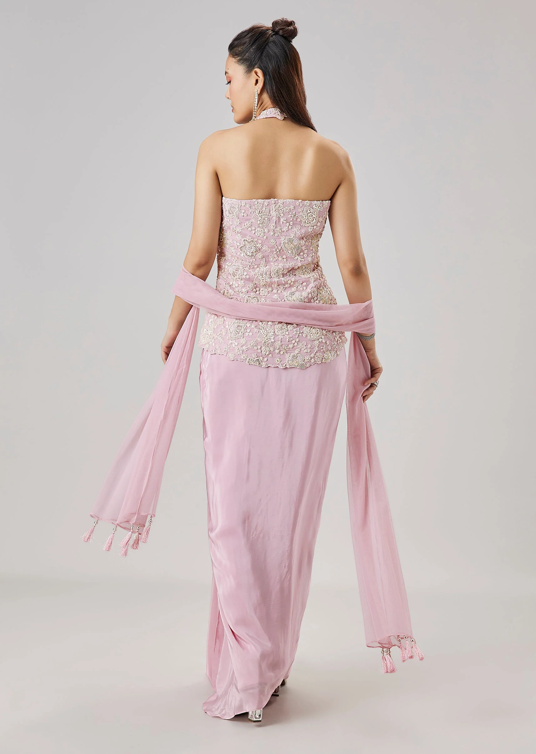 Pink Embroidered Drape Skirt Set With Dupatta - Image 5