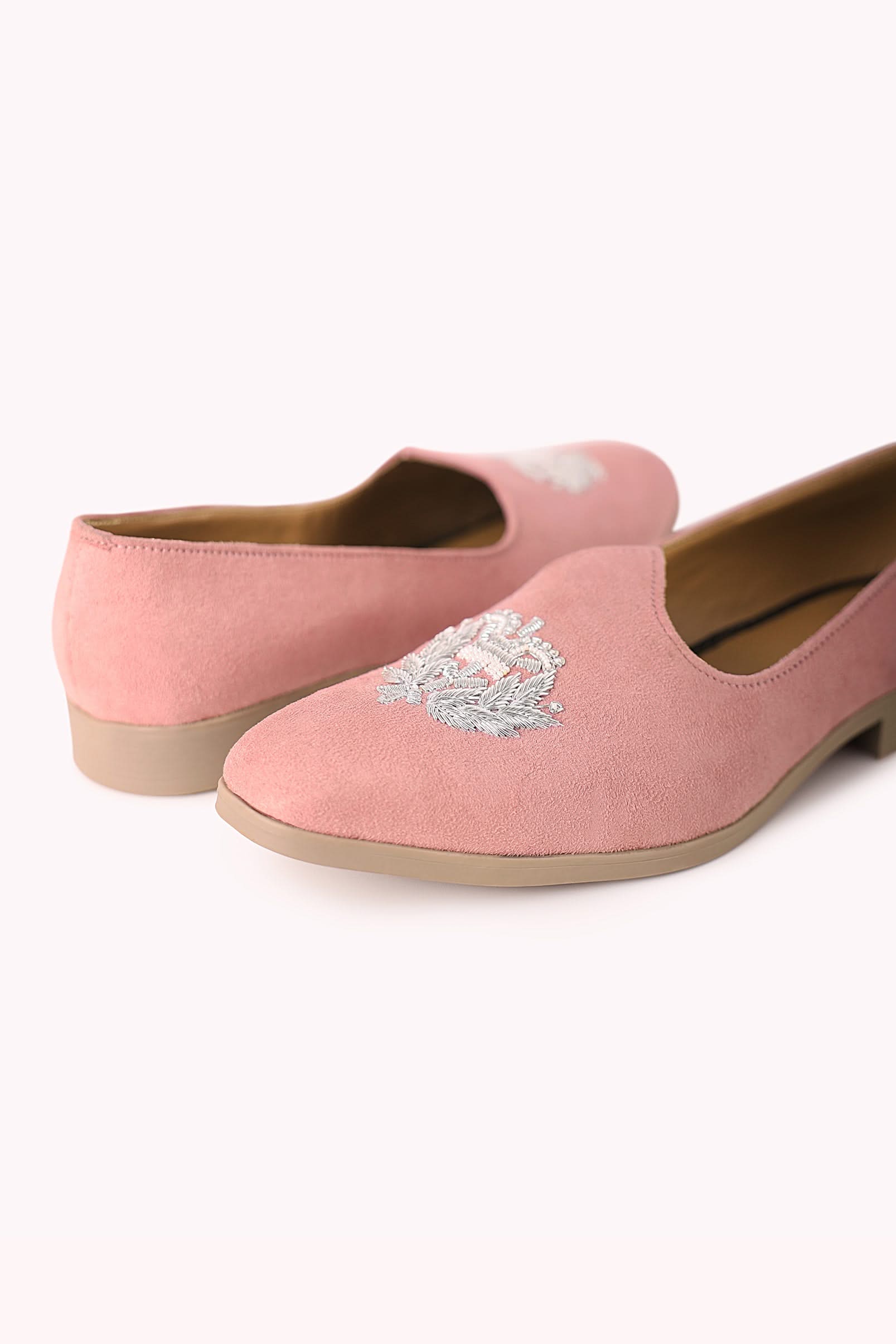 Pink Embroidered Juttis In Velvet - Image 5