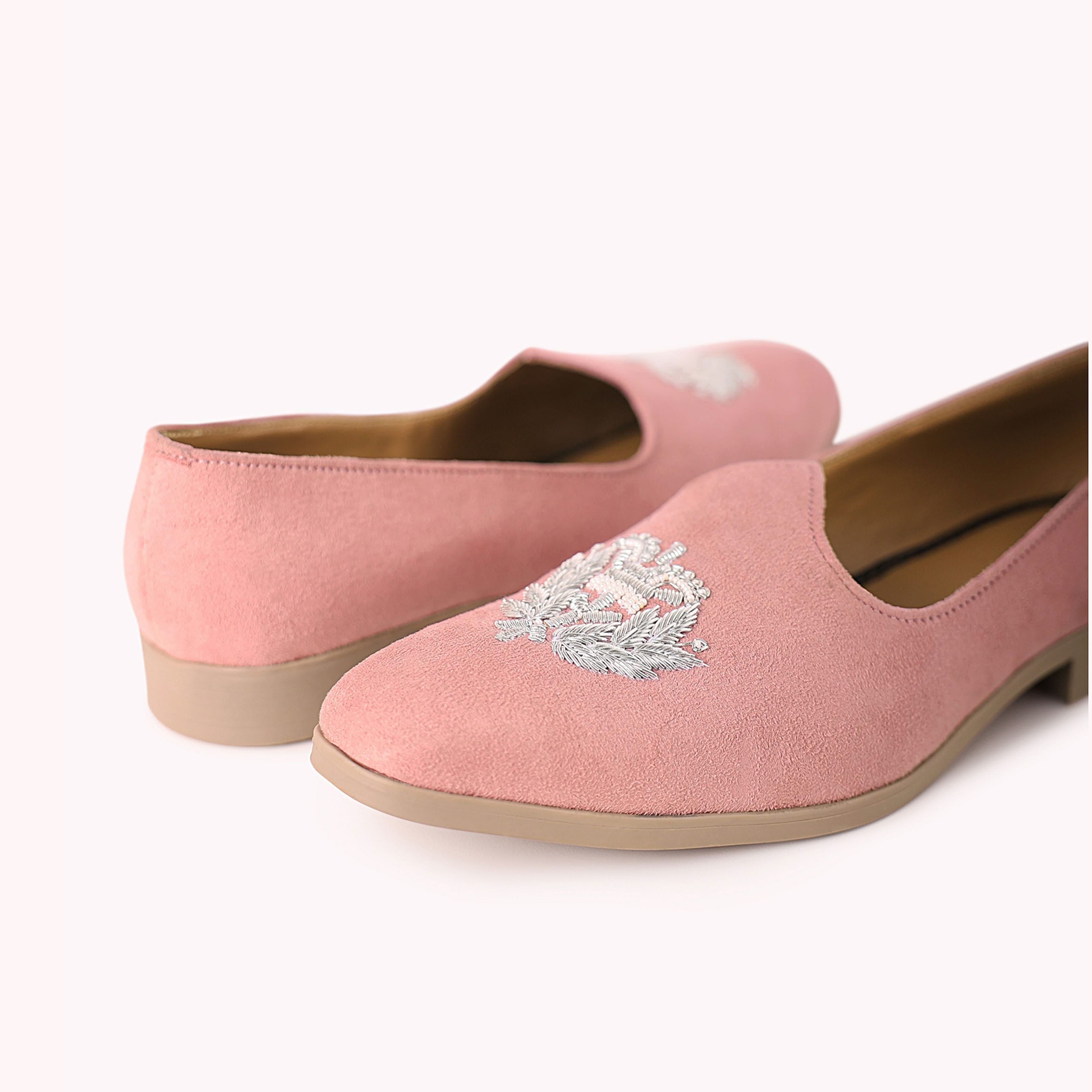 Pink Embroidered Juttis In Velvet - Image 8