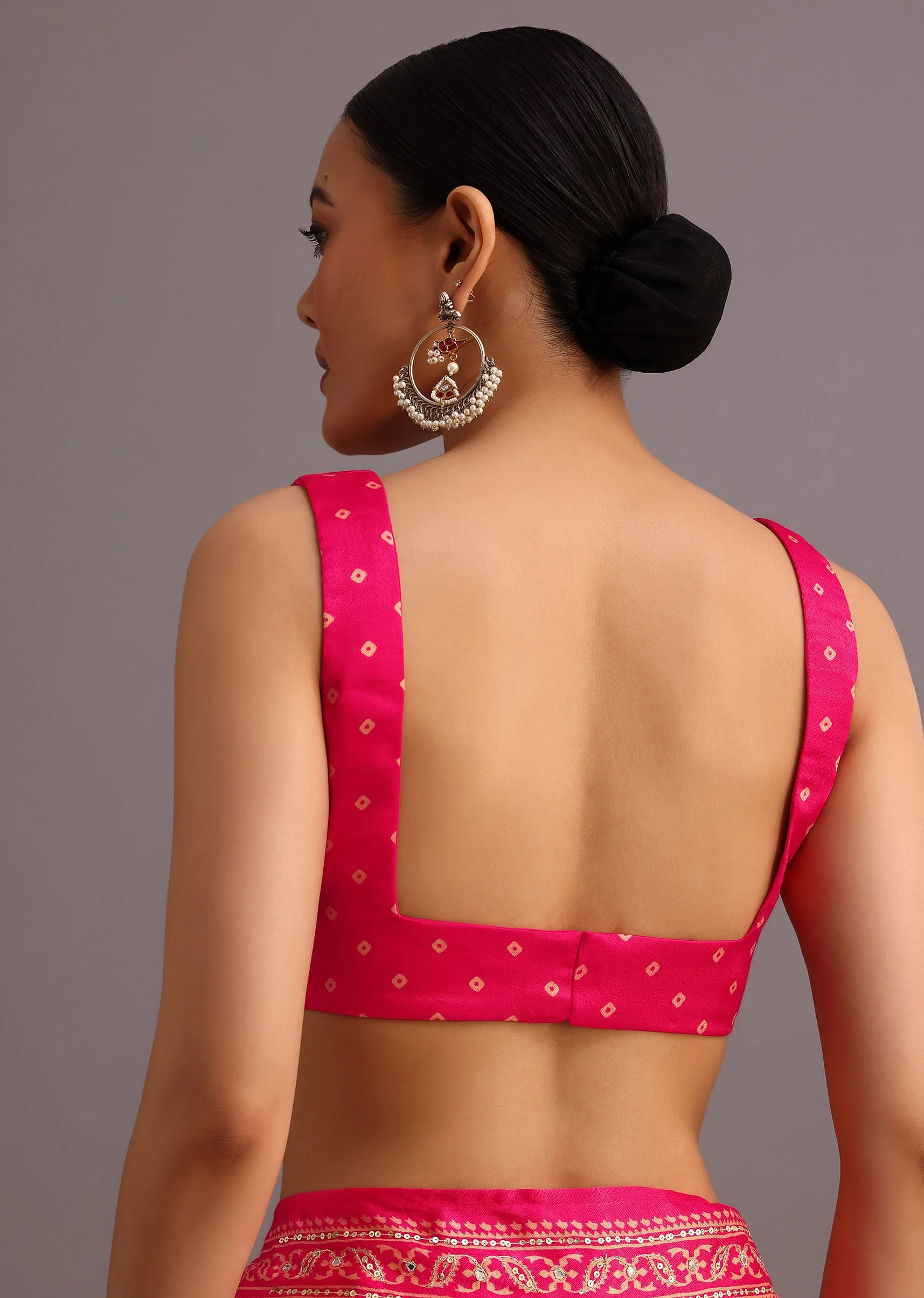 Pink Embroidered Satin Ajrakh Block Print Saree With Mirror Work - Image 8