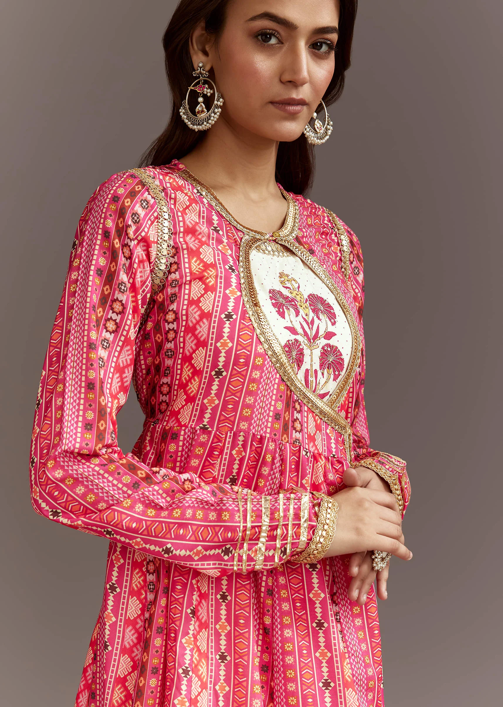 Pink Floral Printed Cotton Angrakha Style Jacket Kurta Set - Image 3