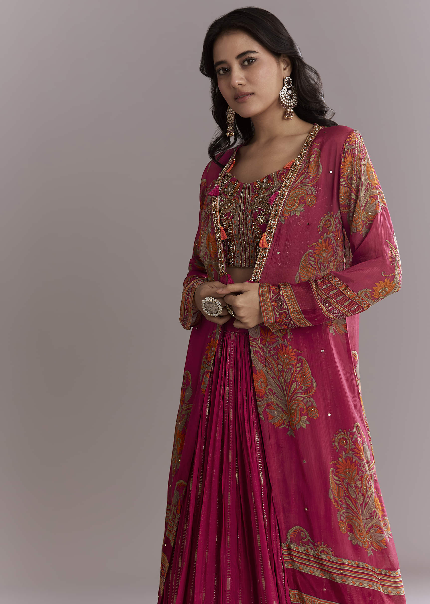 Pink Georgette Crop Top And Printed Skirt Set With Intricate Embroidery - Image 5
