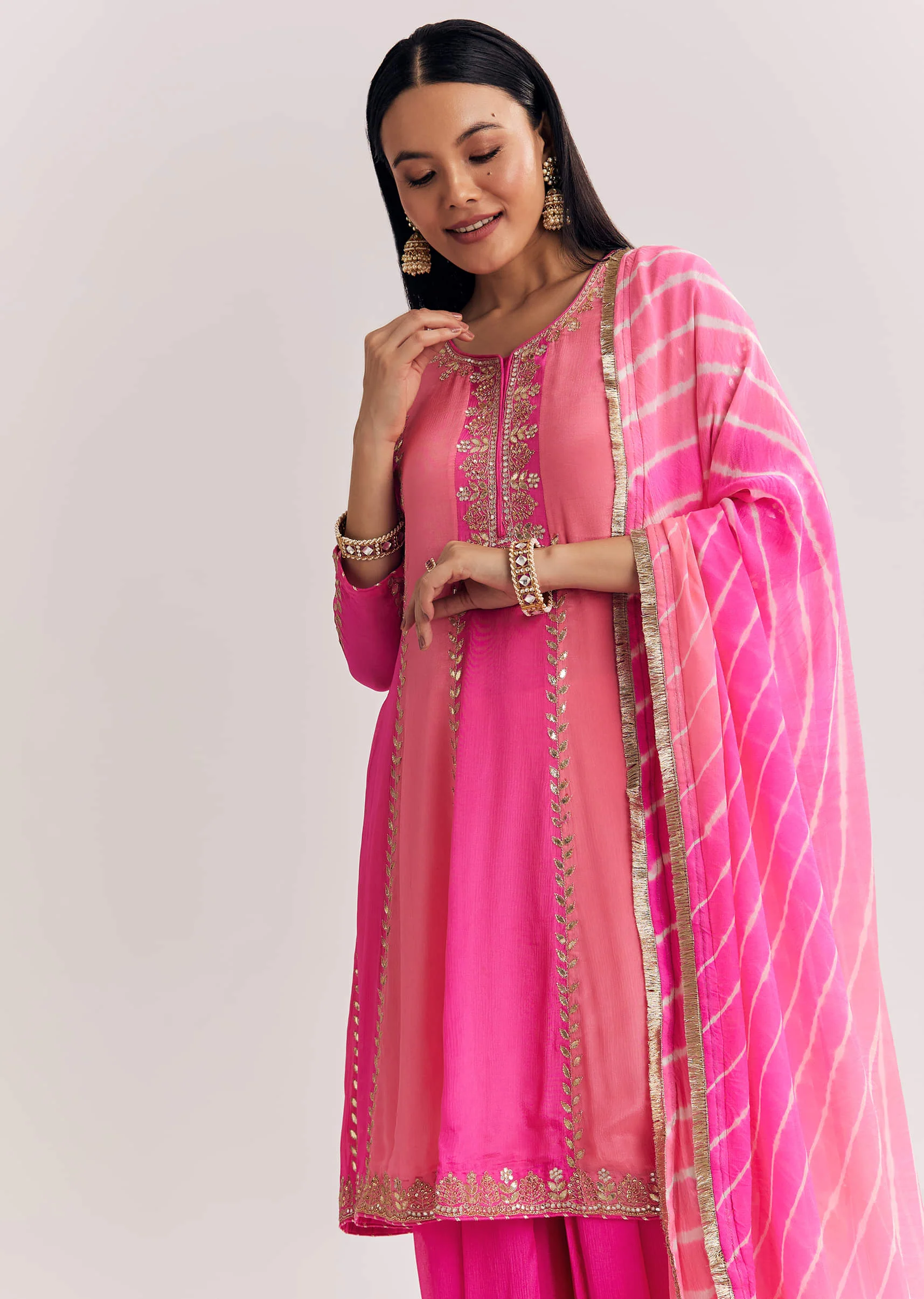 Pink Georgette Kurta Dhoti Suit With Gotta Lace And Moti Work - Image 7