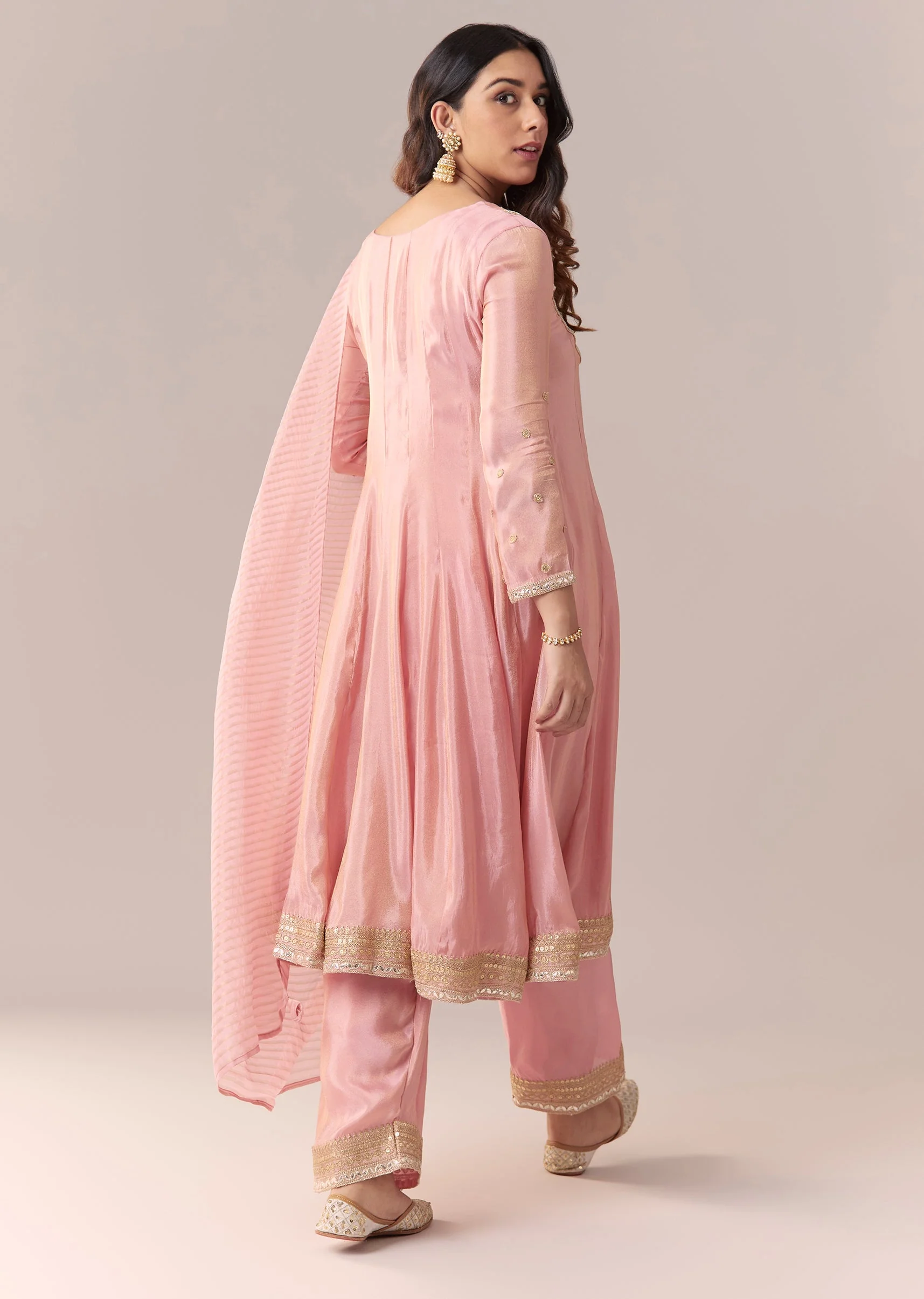Pink Gotta Lace Tissue Anarkali Suit Set With Pant And Dupatta - Image 5