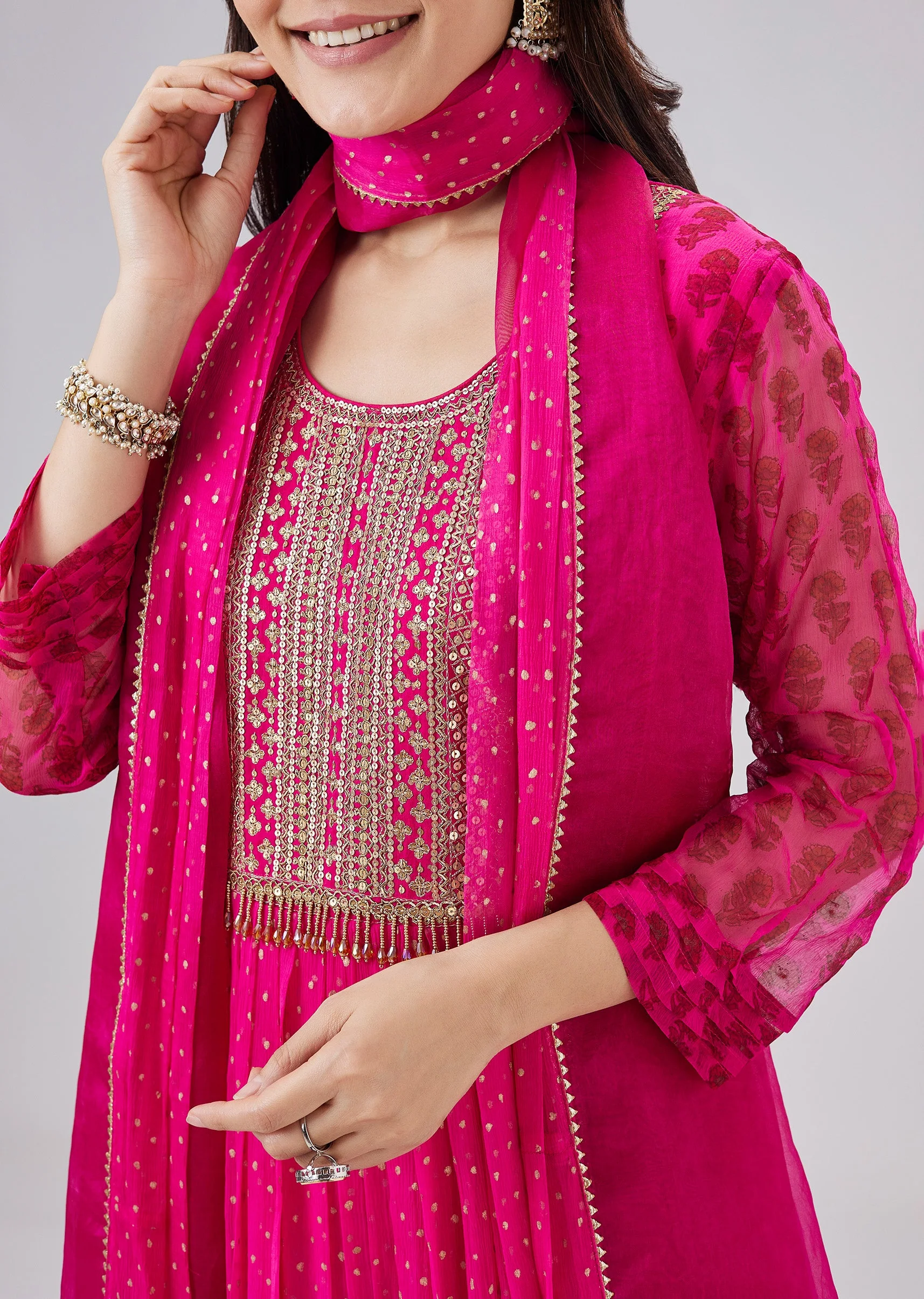 Pink Hand Block Printed Chiffon Anarkali Set With Dupatta - Image 2