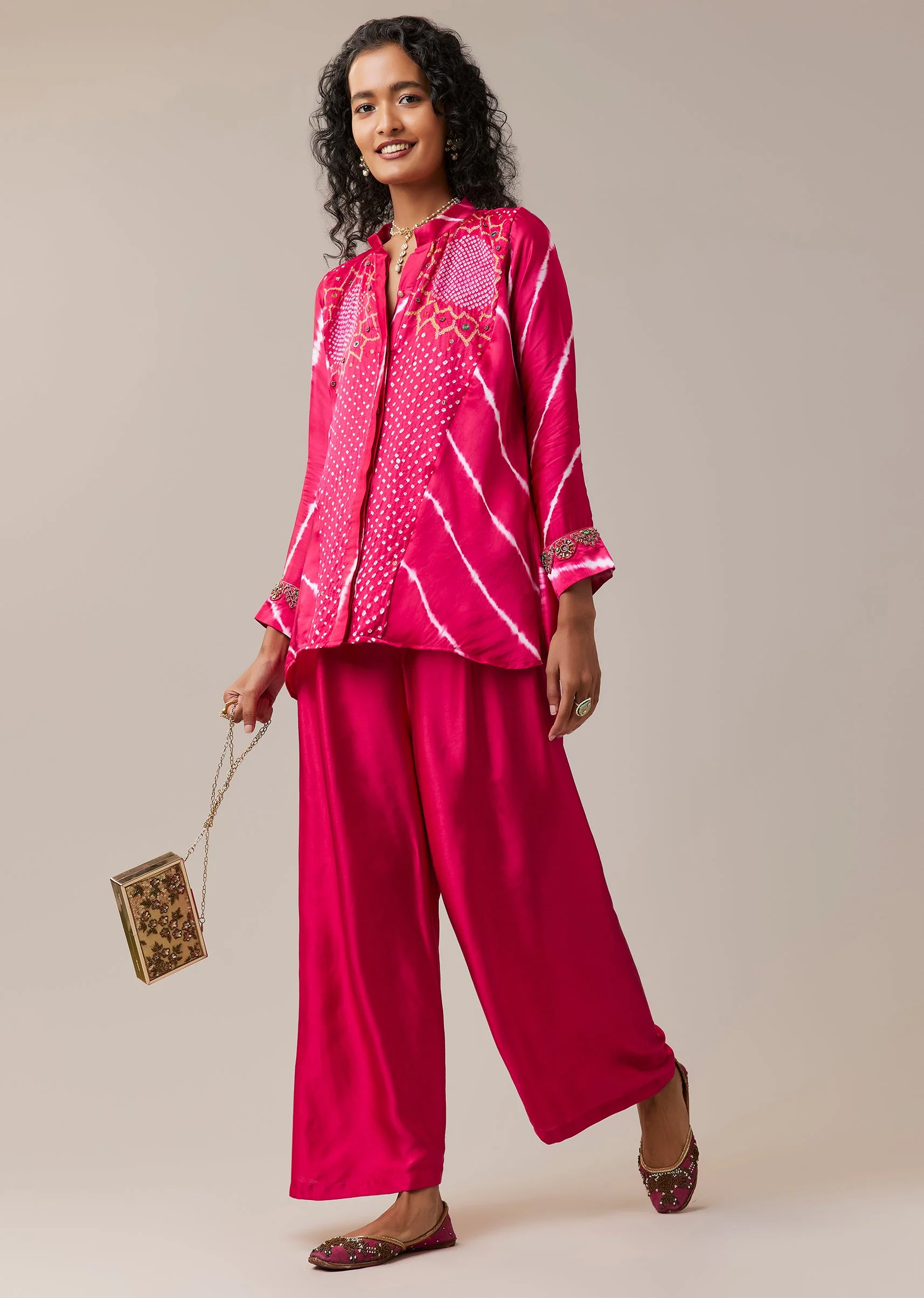 Pink Hand Dyed Bandhani and Leheriya Shirt Pant Set - Image 3