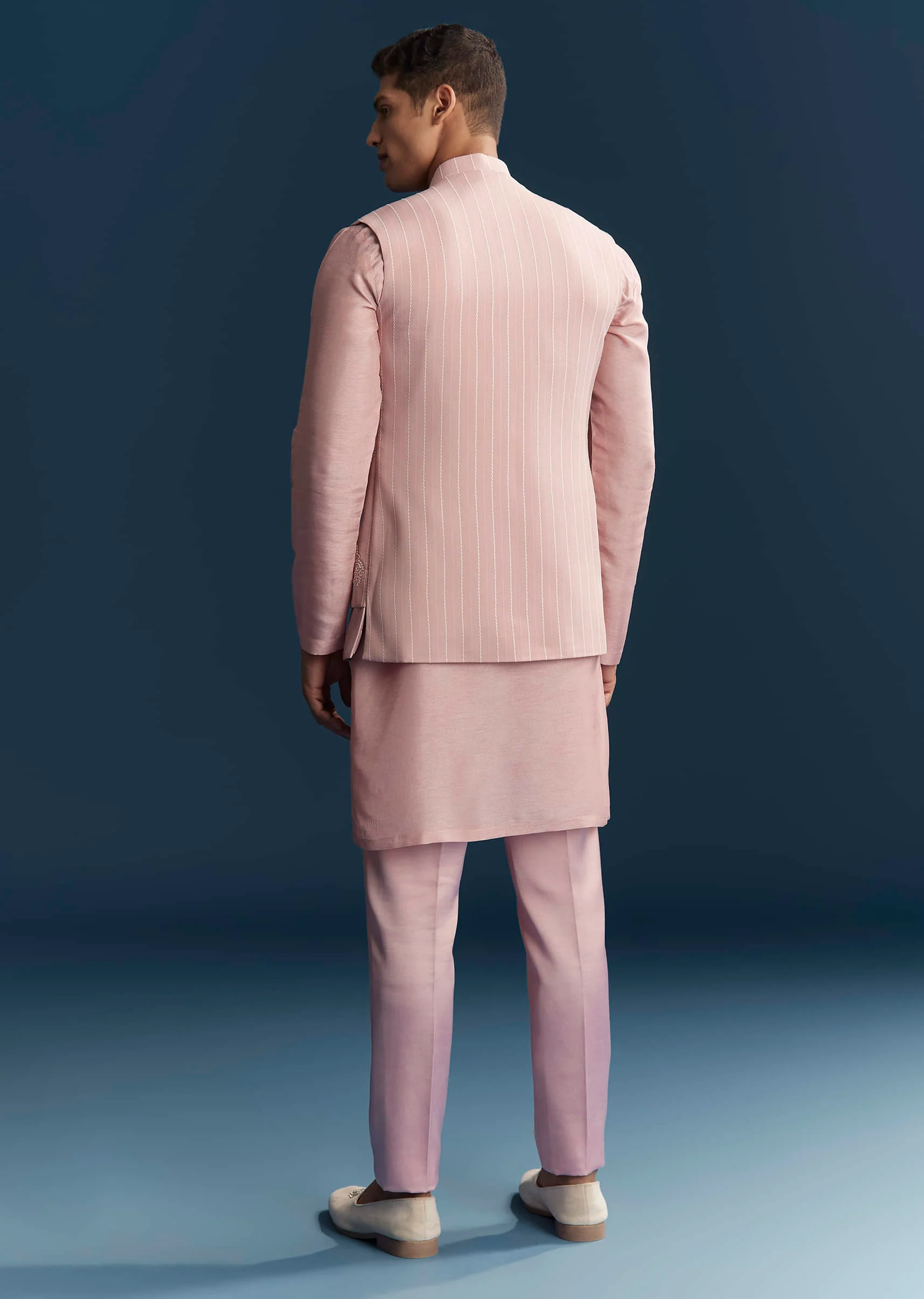 Pink Imported Linen Kurta Jacket Set For Men With Aari Work - Image 5