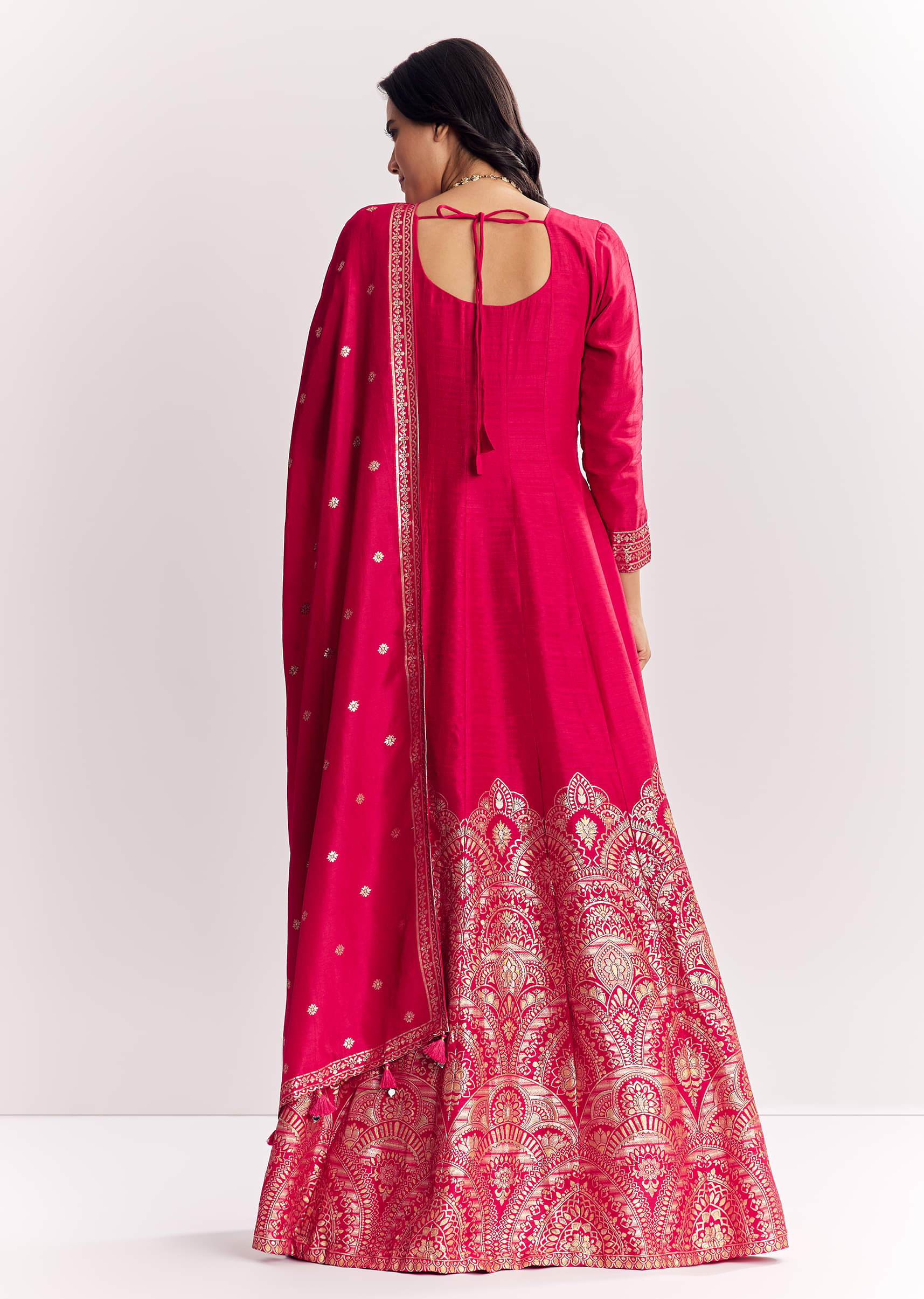 Pink Jacquard Silk Anarkali Suit With Dupatta - Image 5