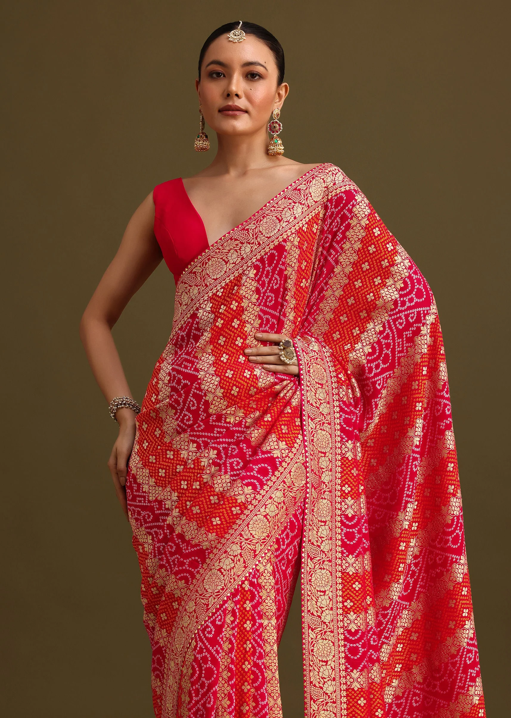 Pink Khaddi Georgette Saree With Gotta Patti Border And Unstitched Blouse - Image 2