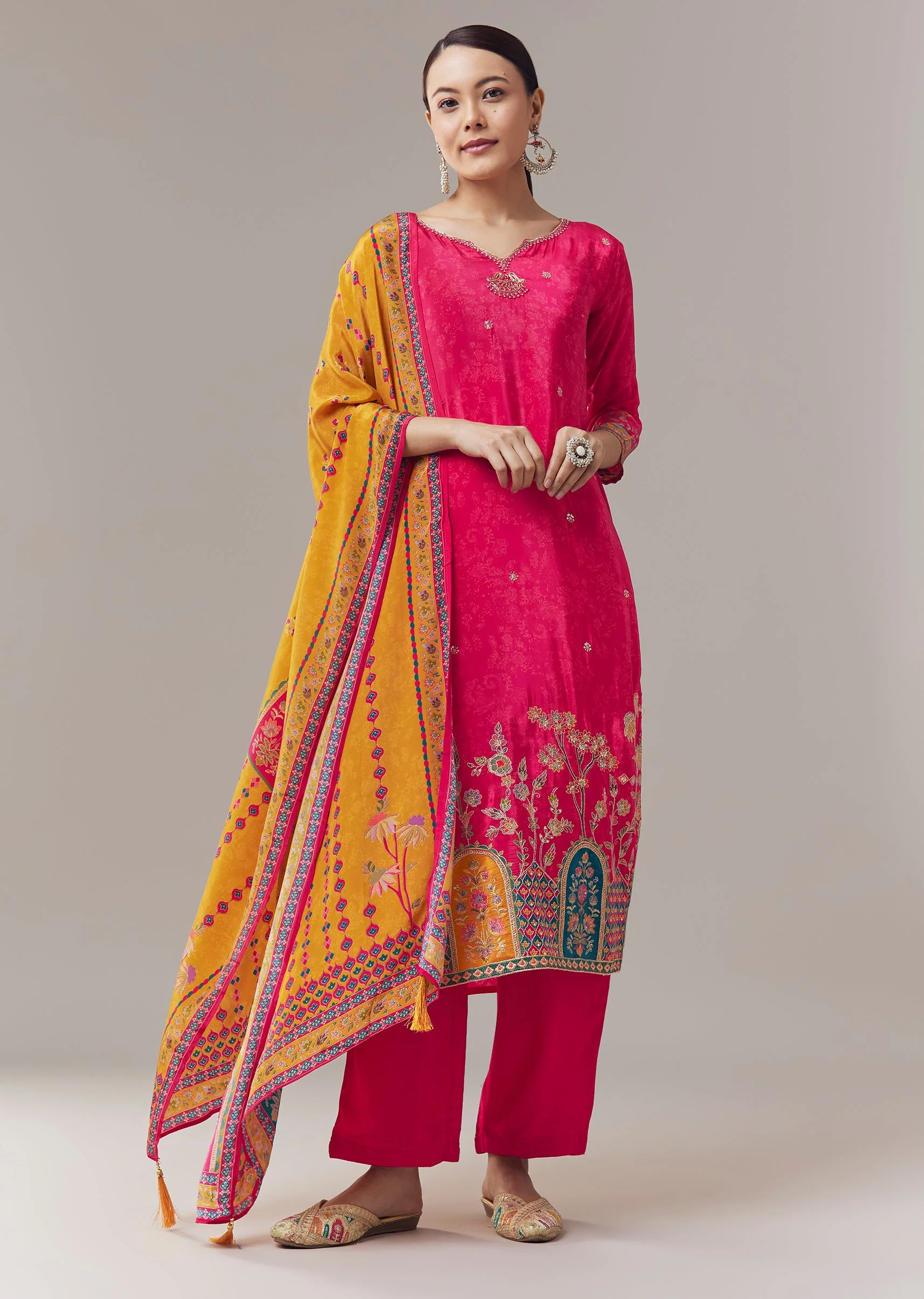 Pink Kurta Set In Floral Print With Zari Work And Dupatta