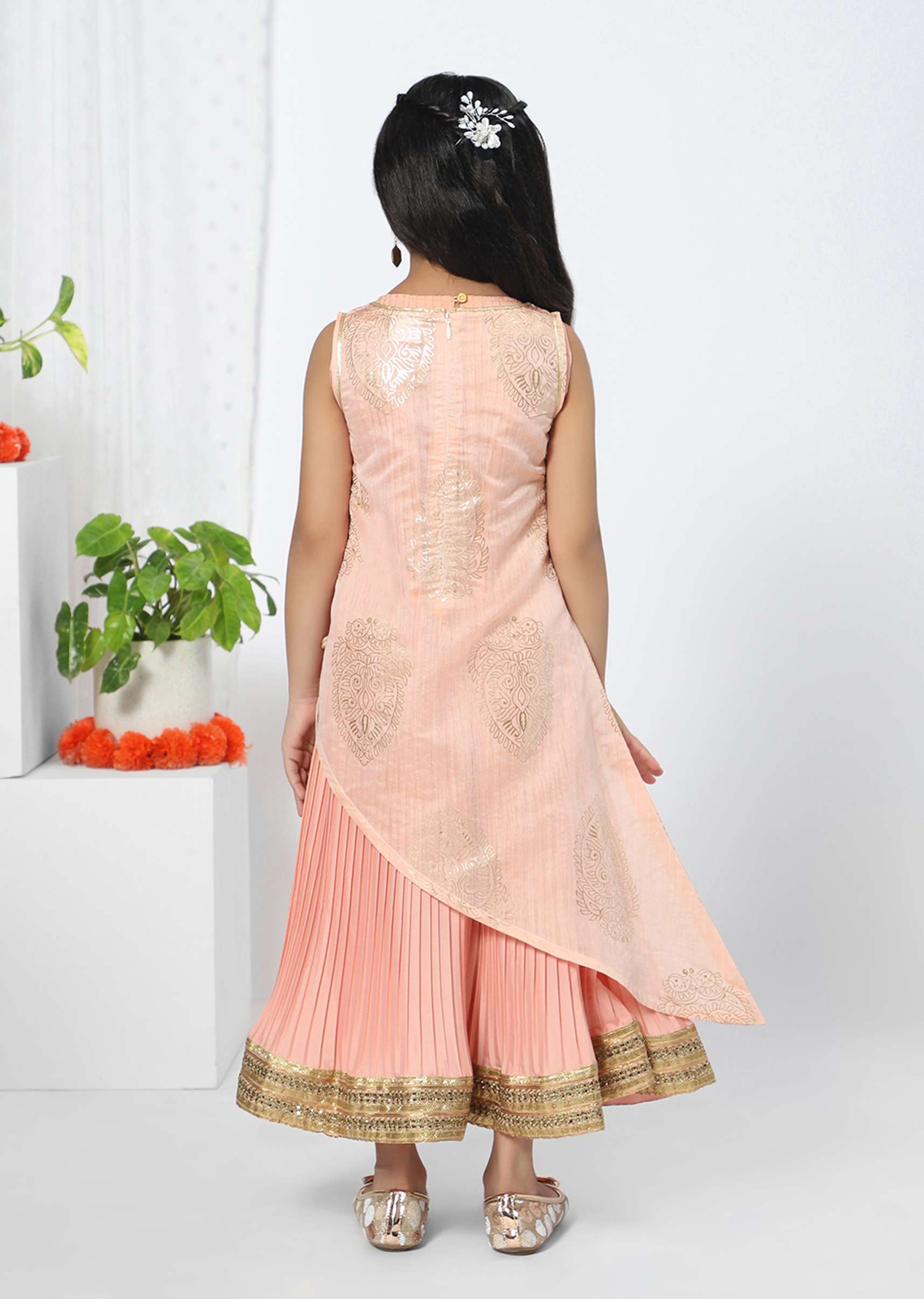 Kalki Girls Pink Layered Kurta And Lehenga Set With Foil Print And Asymmetric Hem By Mini Chic - Image 5