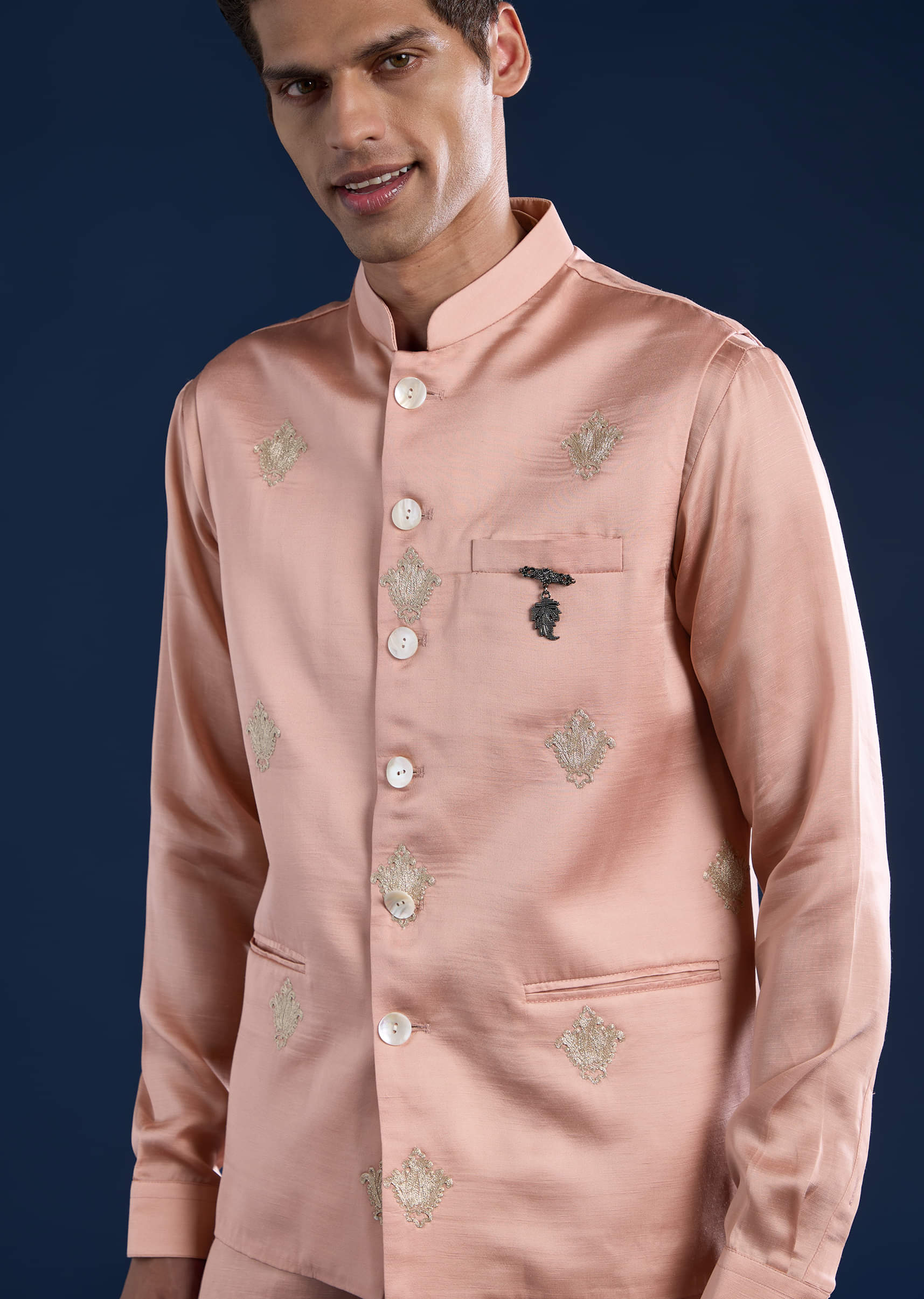 Pink Linen Silk Jacket Kurta Set with Zari Work - Image 2