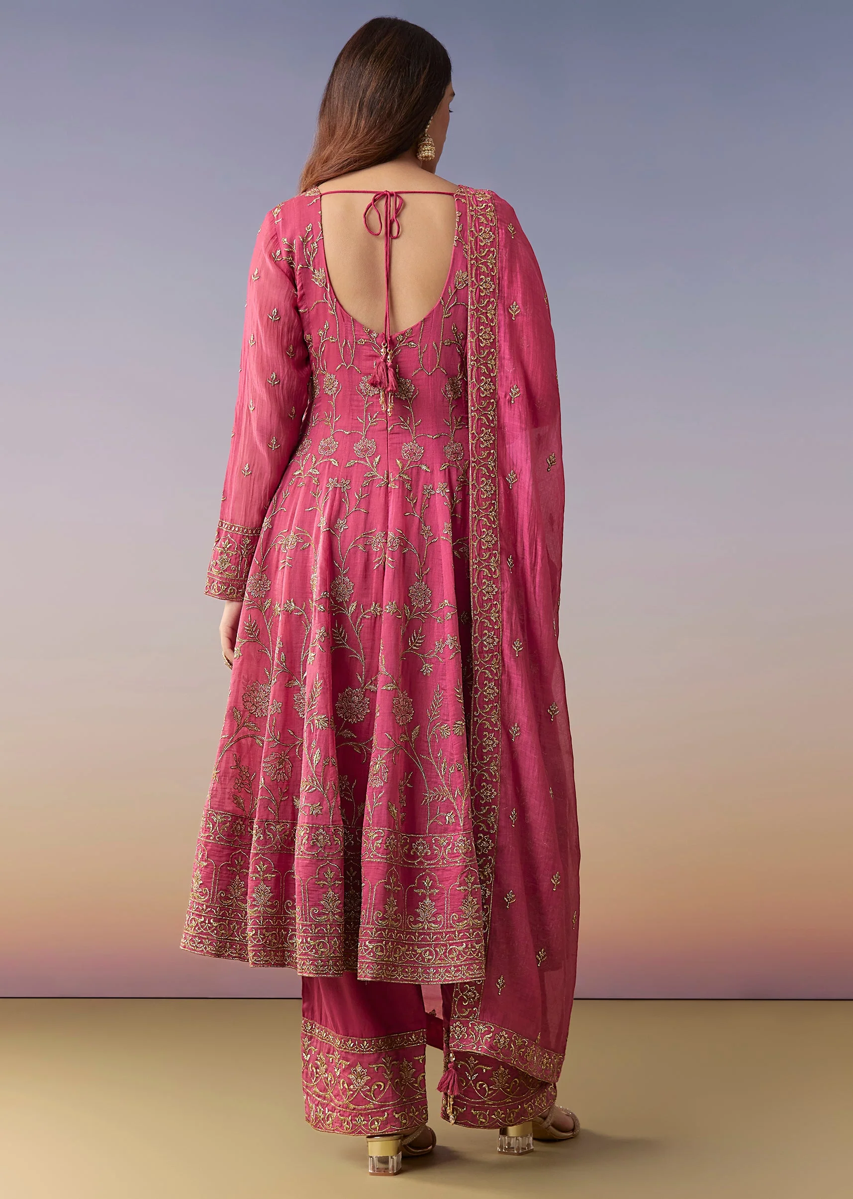Pink Metallic Embroidered Anarkali Suit Set With Pant And Dupatta - Image 5
