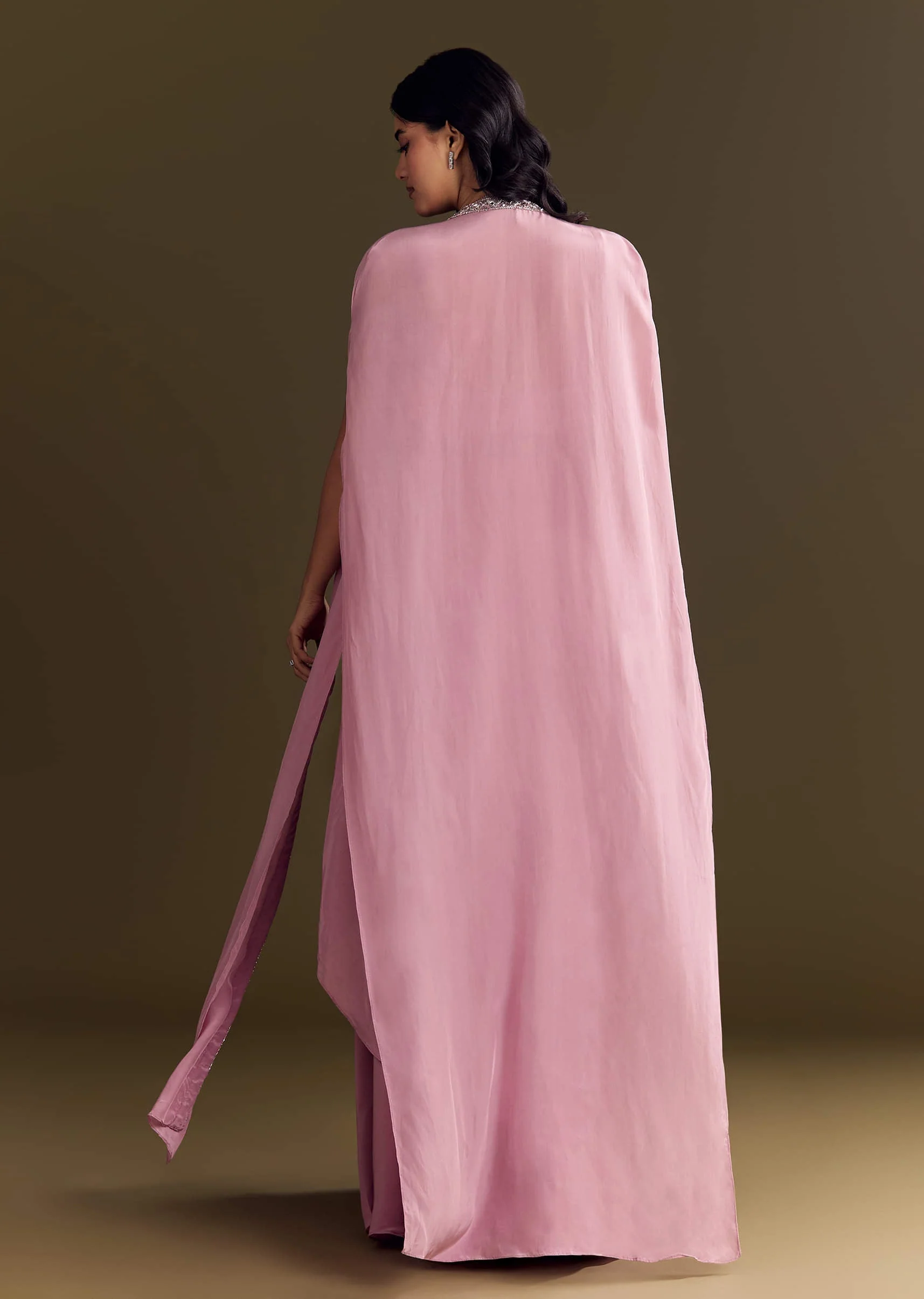 Pink Mirror Sequin Embroidered Croptop Skirt With Cape - Image 4