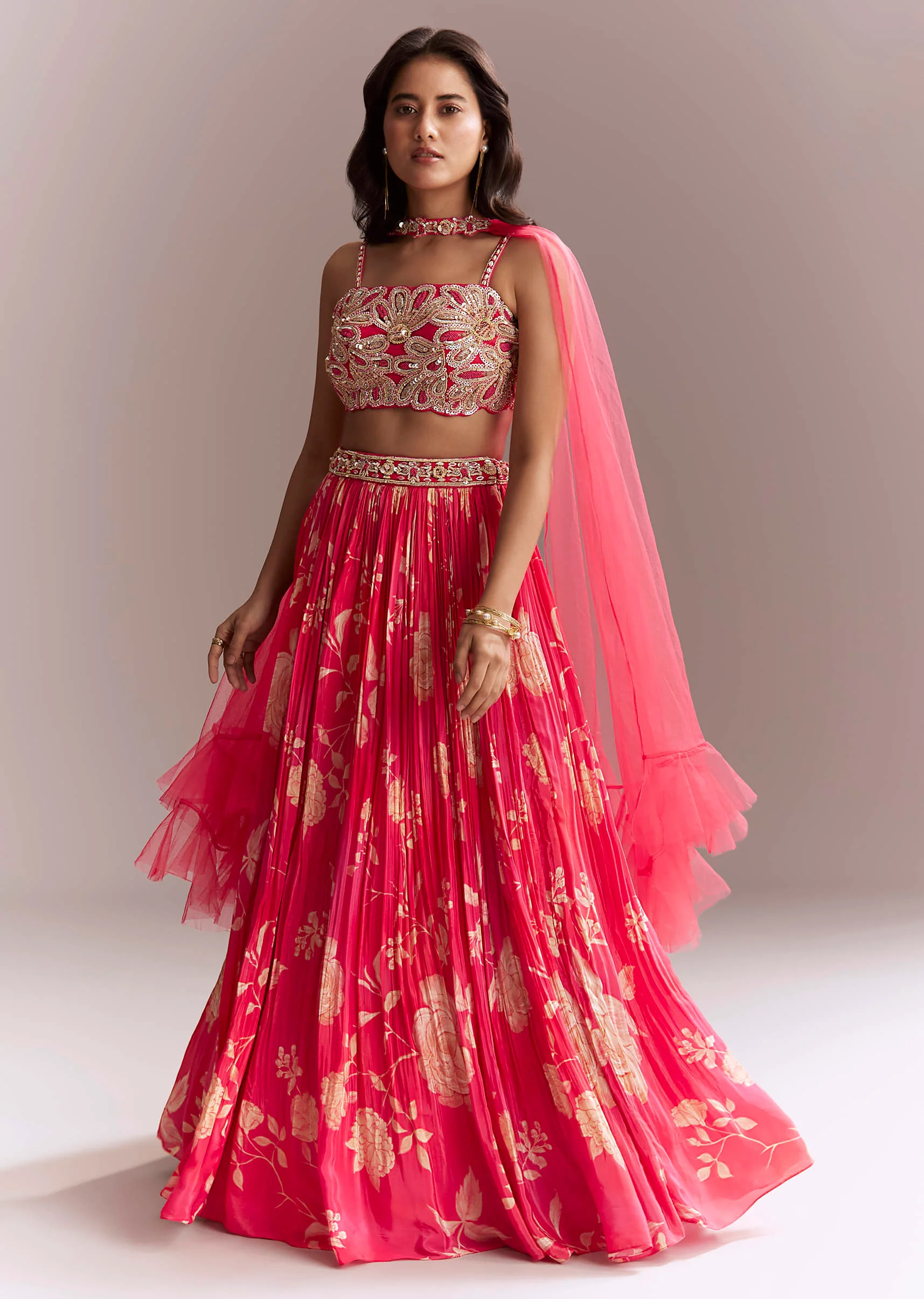 Pink Net Bridesmaid Lehenga With Floral Print And Heavy Embroidery - Image 4
