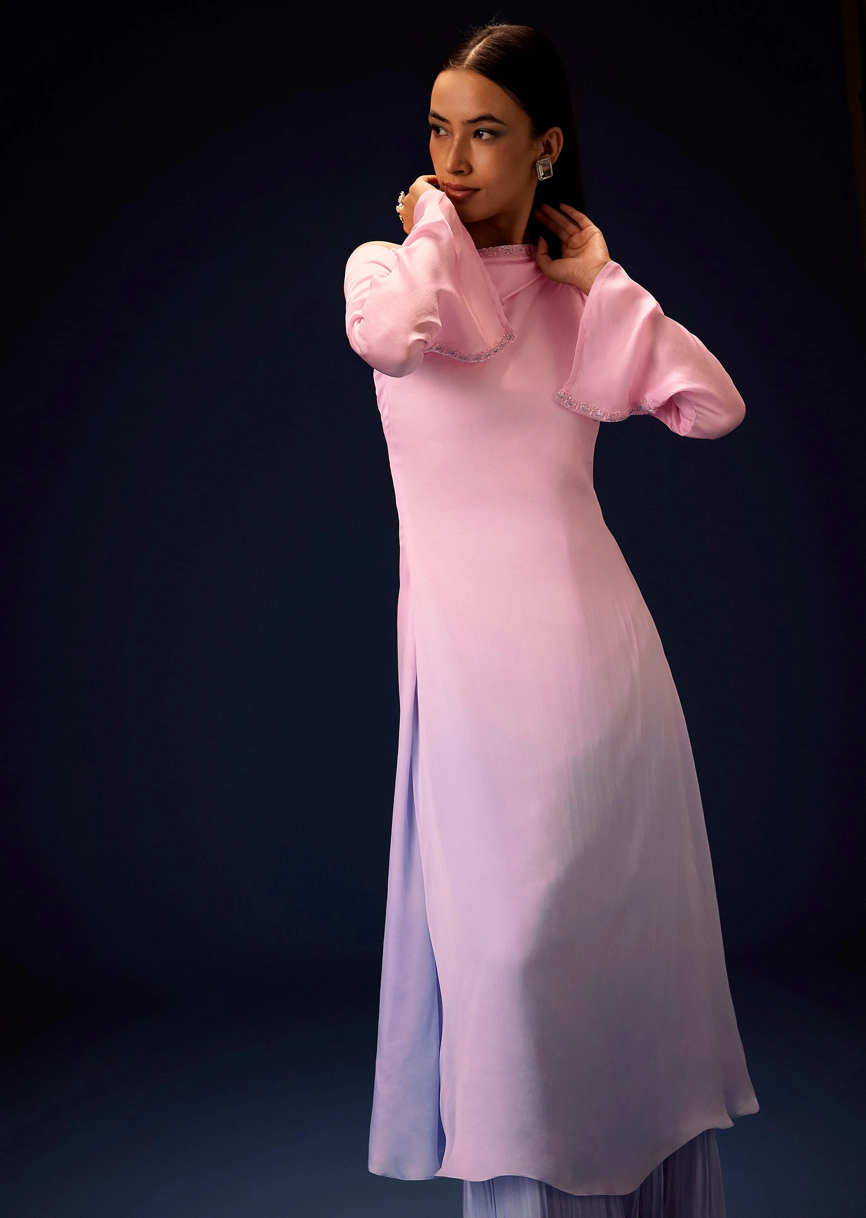 Pink Ombre A Line Kurta With Ruched Palazzo - Image 4