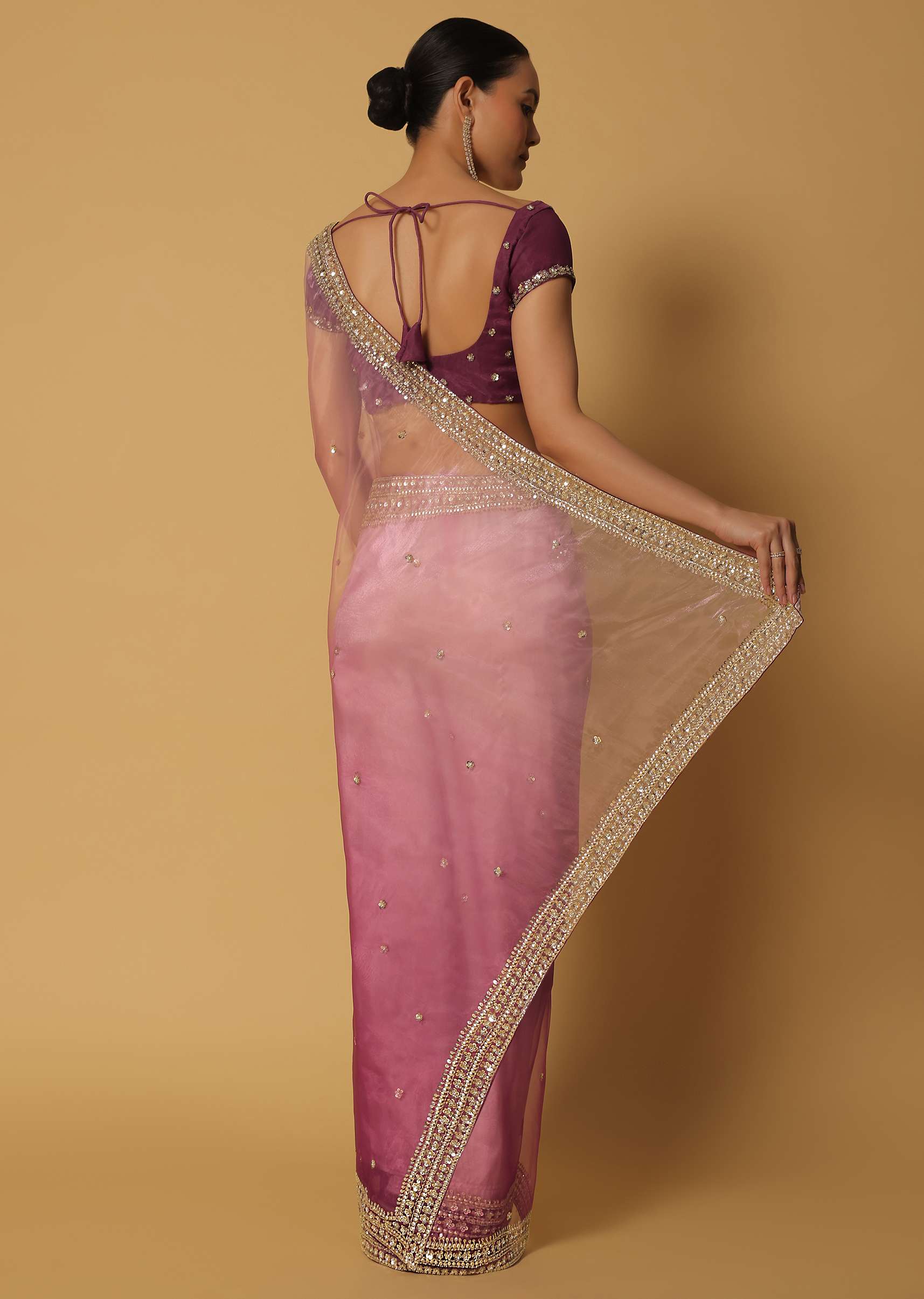 Pink Ombre Glass Organza Saree With Sequin Work Pallu And Unstitched Blouse Fabric - Image 5