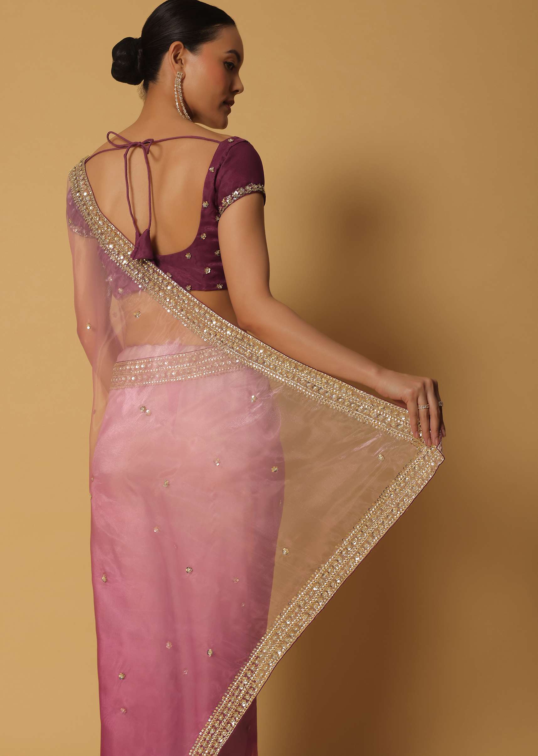 Pink Ombre Glass Organza Saree With Sequin Work Pallu And Unstitched Blouse Fabric - Image 6
