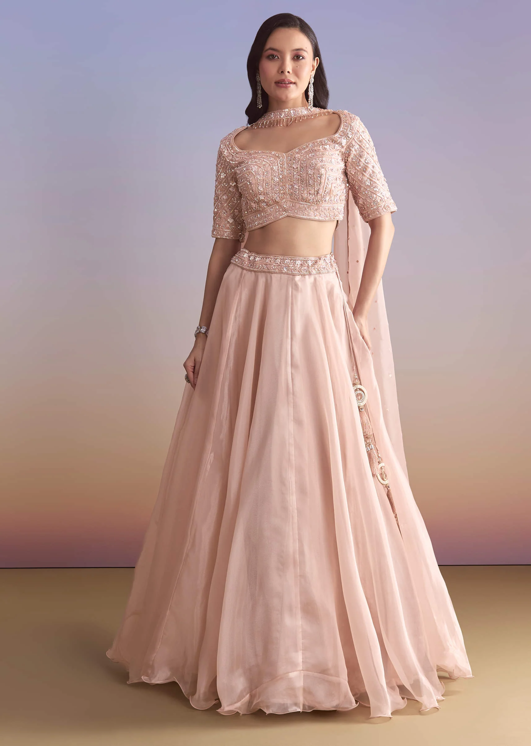 Pink Organza Bridesmaid Lehenga With Sequins And Cutdana Embroidery - Image 4
