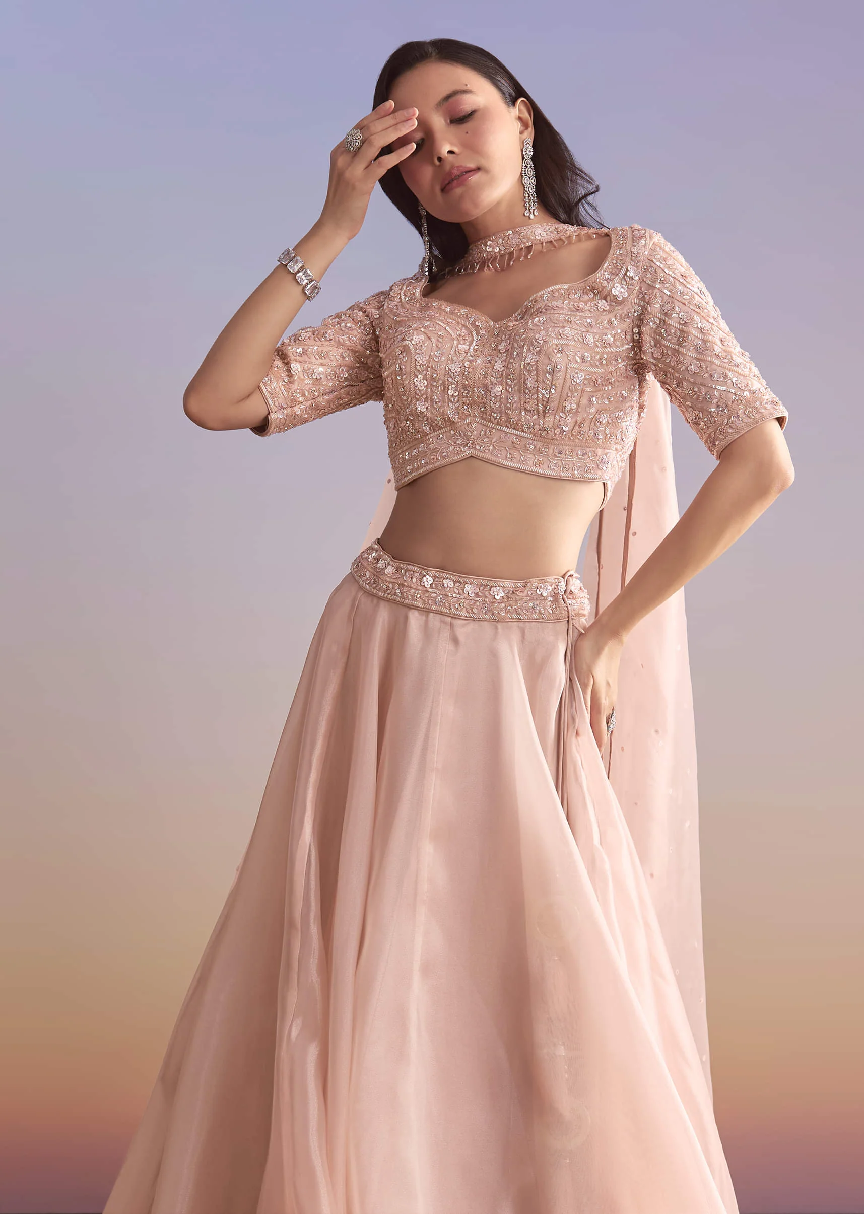 Pink Organza Bridesmaid Lehenga With Sequins And Cutdana Embroidery - Image 5