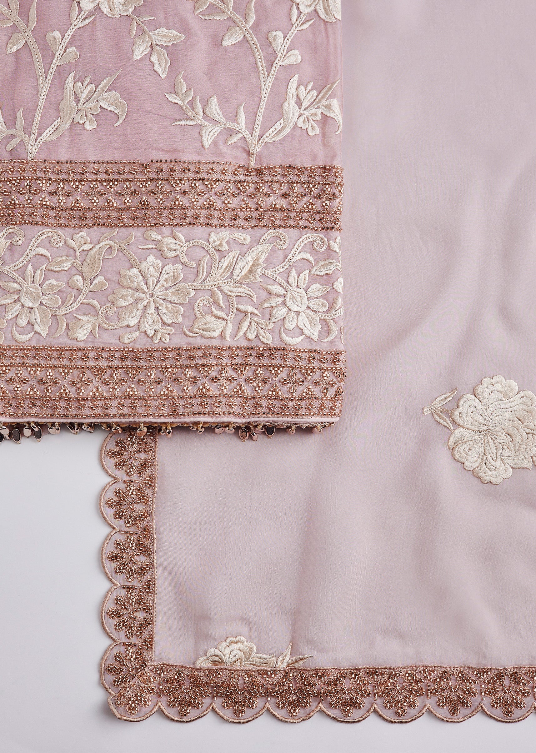 Pink Organza Embroidered Unstitched Suit Set With Dupatta - Image 3