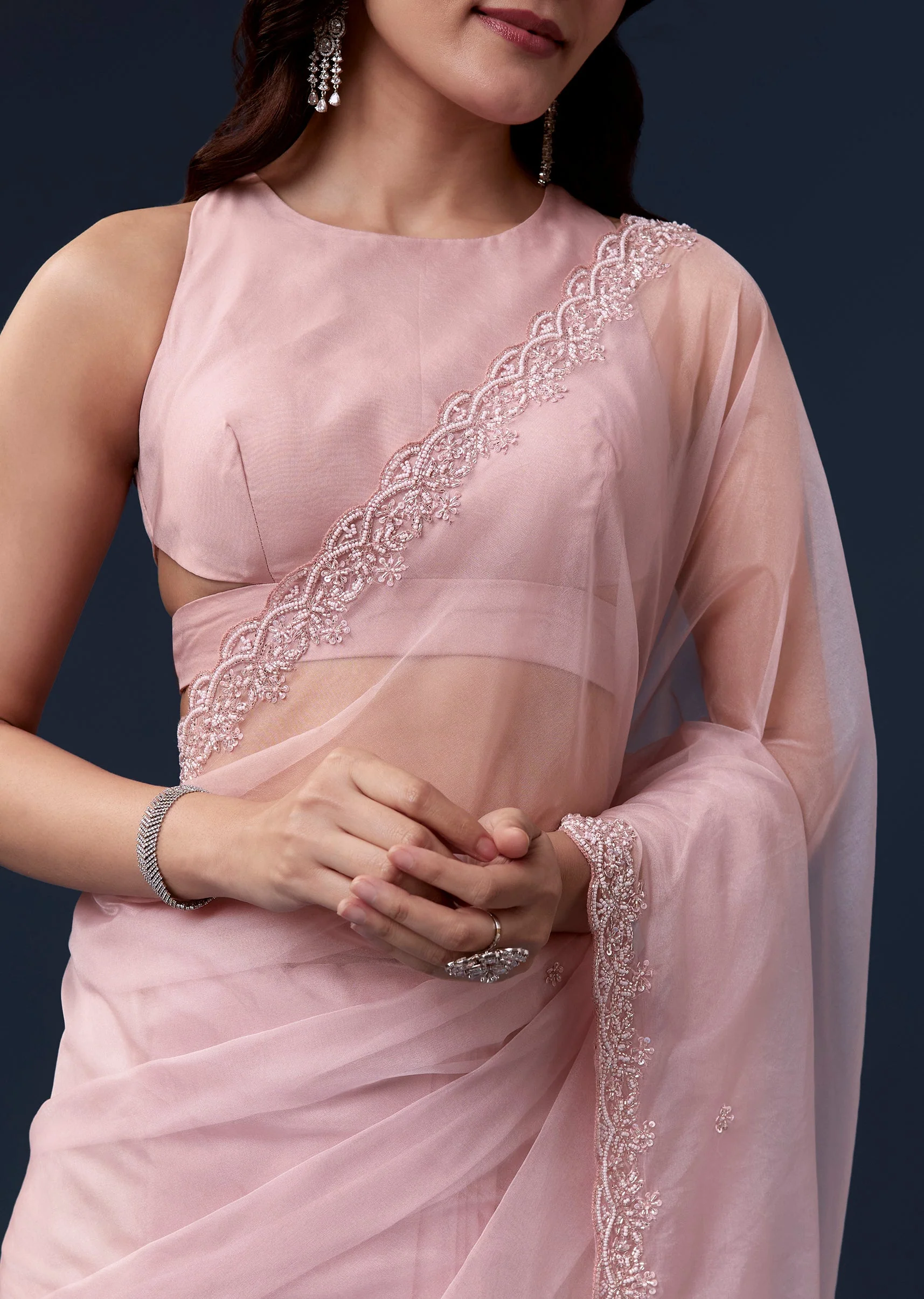 Pink Organza Saree With Cutdana Beads And Sequin Embroidery - Image 3
