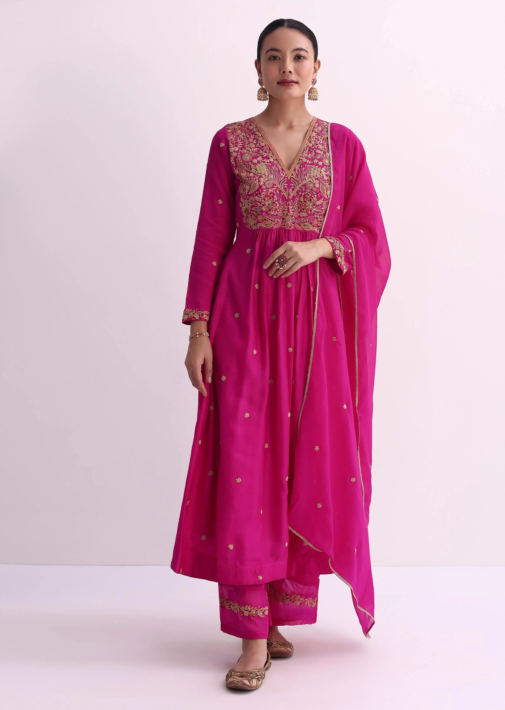 Pink Palazzo Set With Zari Embroidered A-Line Kurta And Dupatta - Image 3