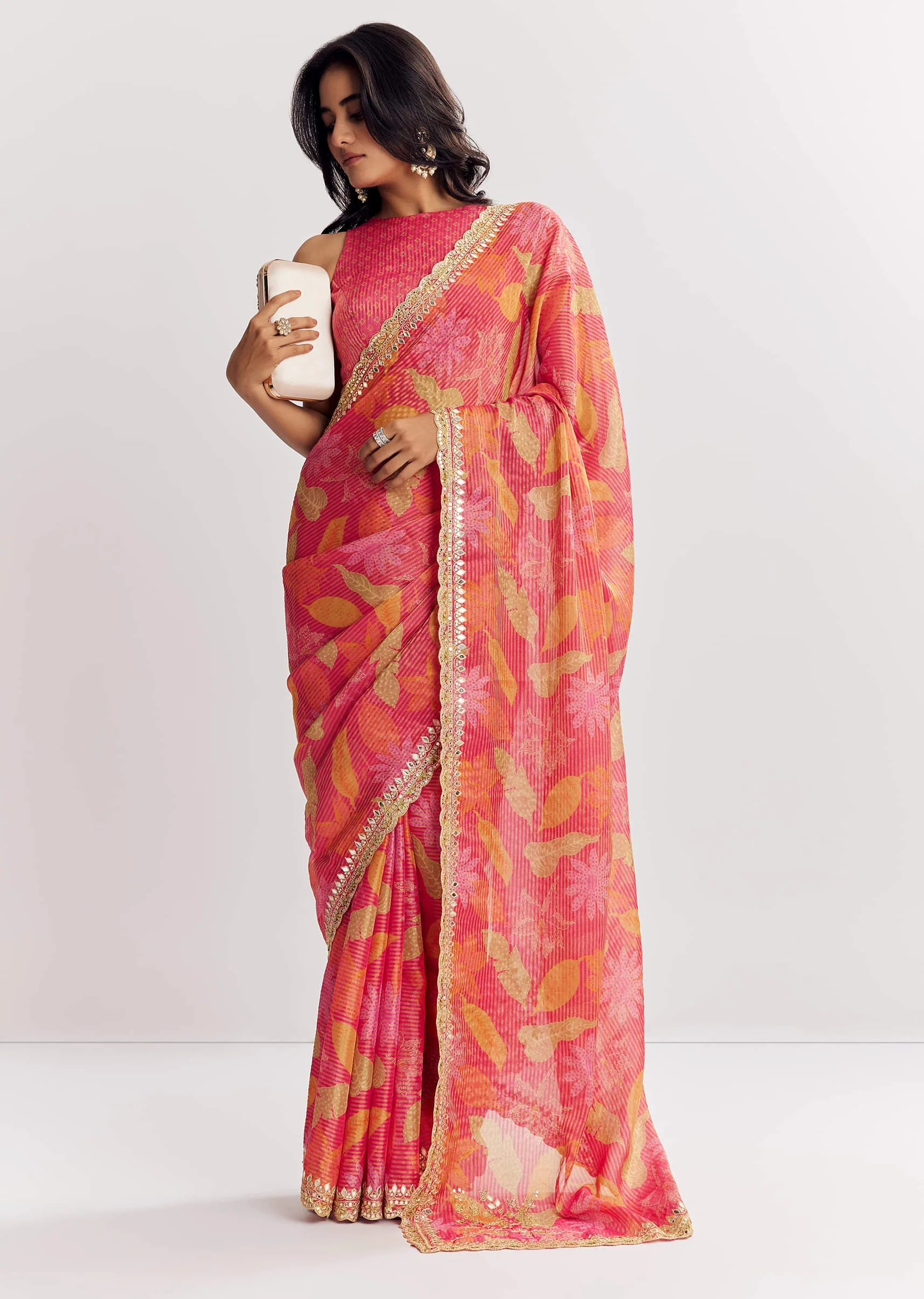 Pink Printed Tissue Lurex Saree With Zari Mirror And Cutdana Embroidery - Image 3