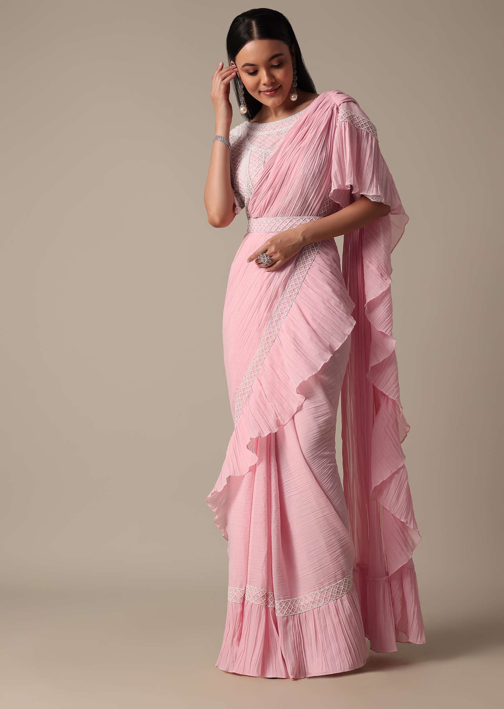 Pink Ready Pleated Frill Saree With Heavy Bead Work Blouse - Image 3