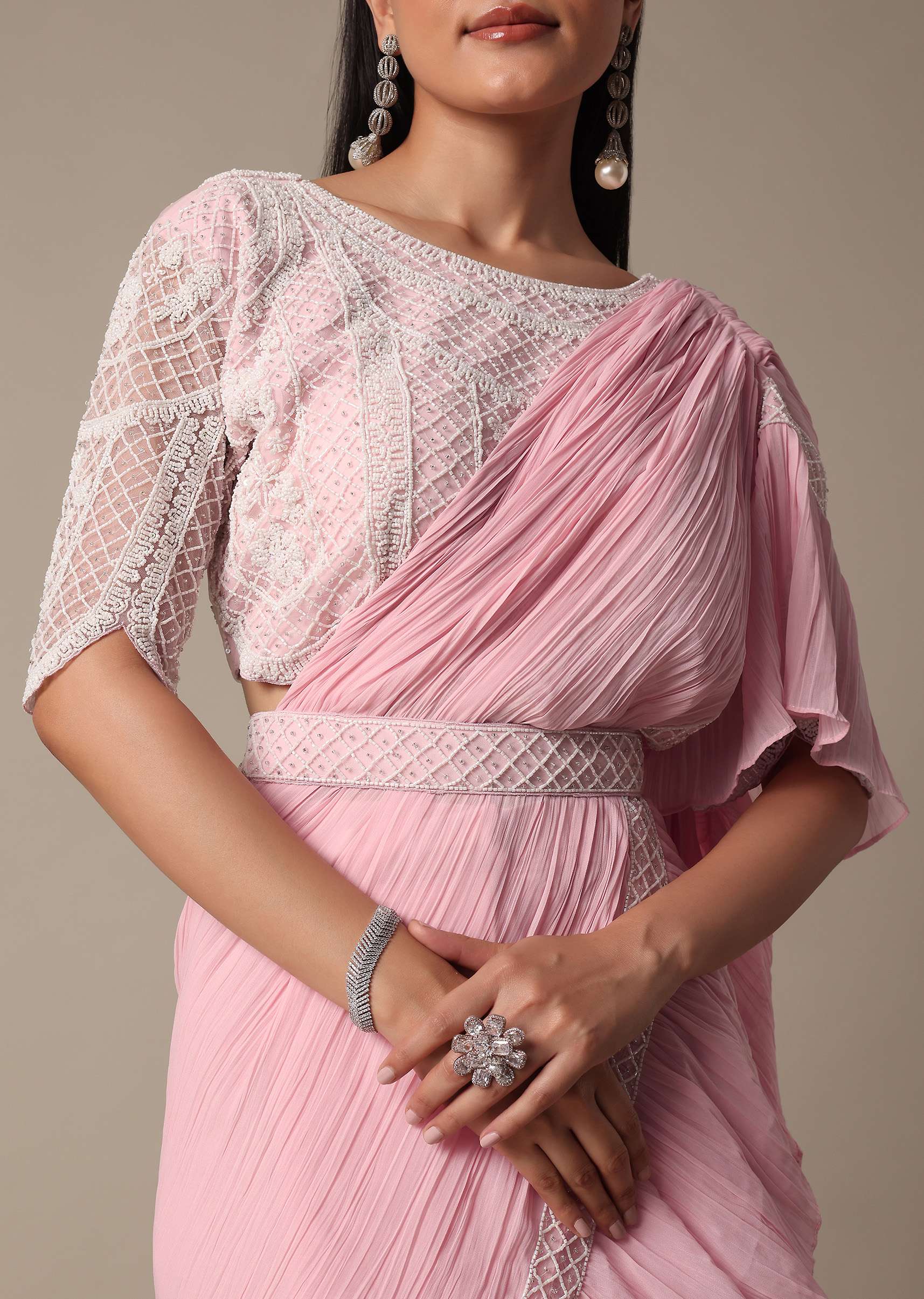Pink Ready Pleated Frill Saree With Heavy Bead Work Blouse - Image 4