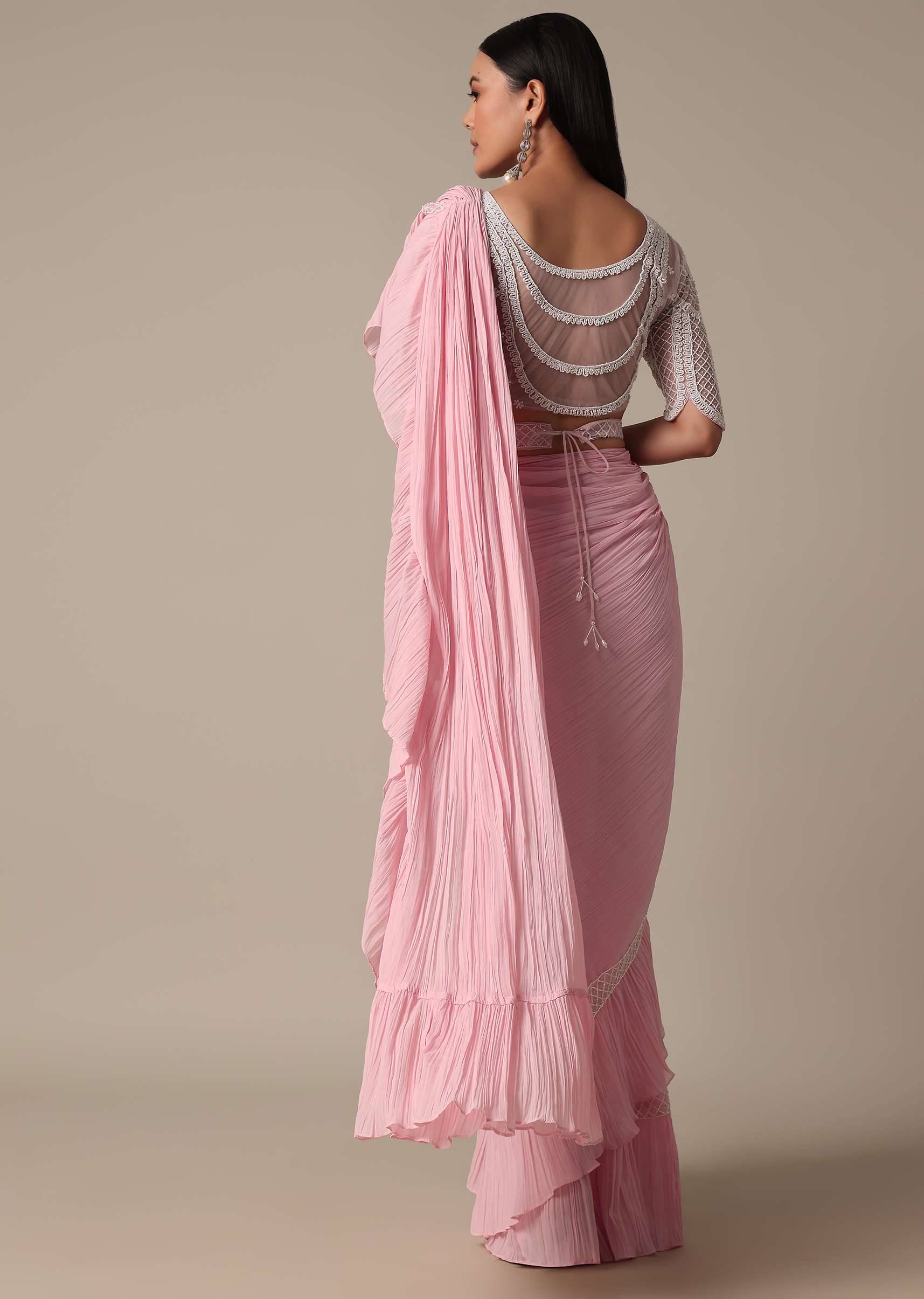 Pink Ready Pleated Frill Saree With Heavy Bead Work Blouse - Image 5
