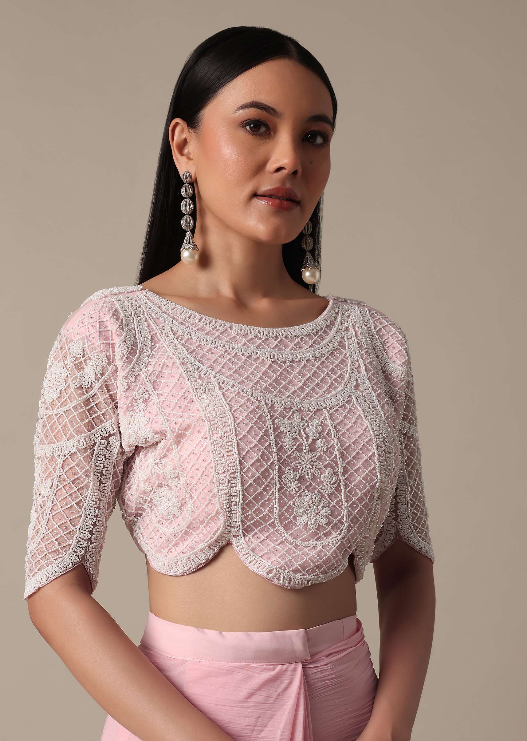 Pink Ready Pleated Frill Saree With Heavy Bead Work Blouse - Image 7