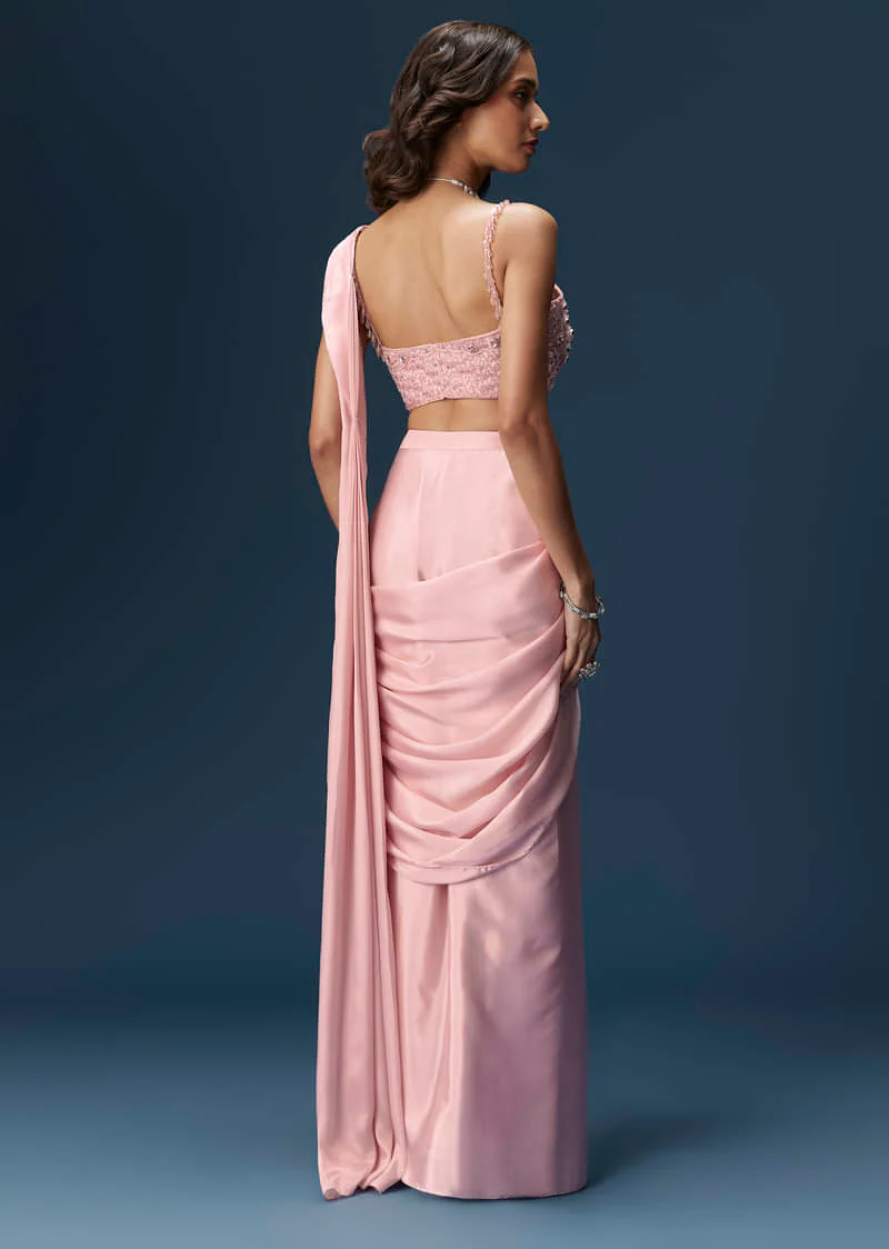 Pink Ready Pleated Saree With Embroidered Blouse - Image 2