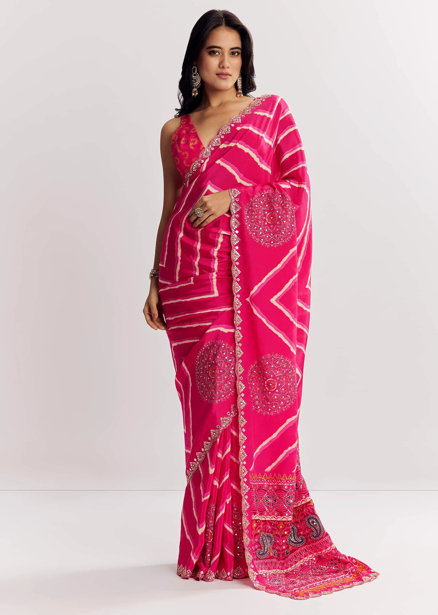 Pink Satin Saree With Gota And Mirror Embroidery - Image 3