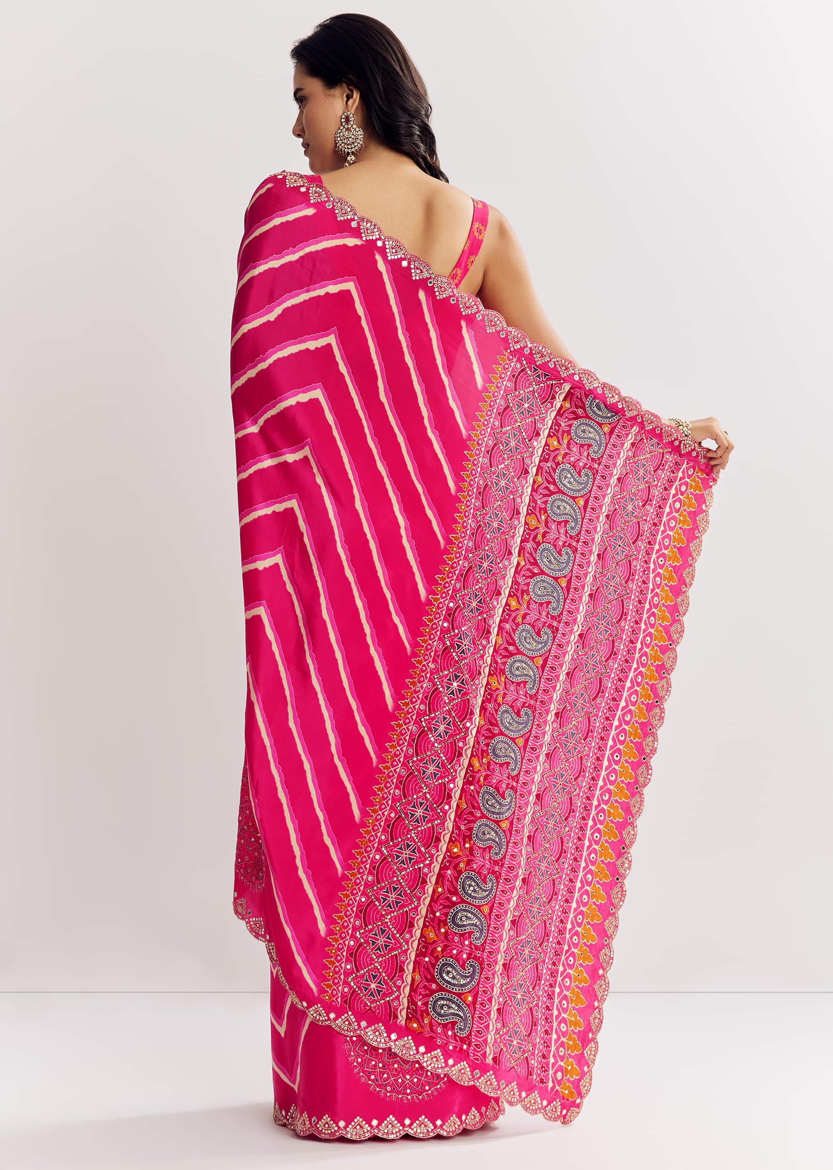 Pink Satin Saree With Gota And Mirror Embroidery - Image 6