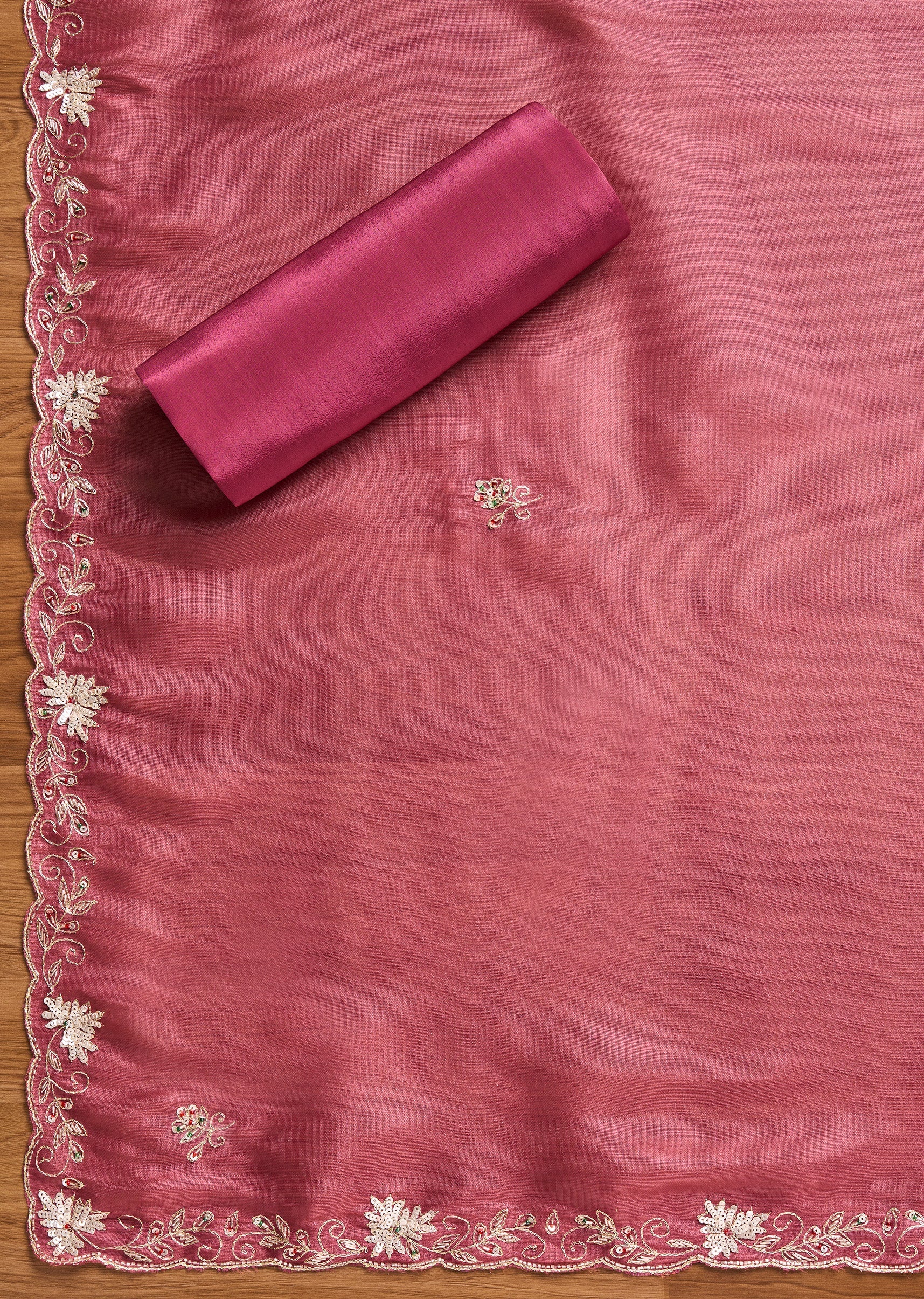 Pink Satin Unstitched Suit With Dupatta - Image 3