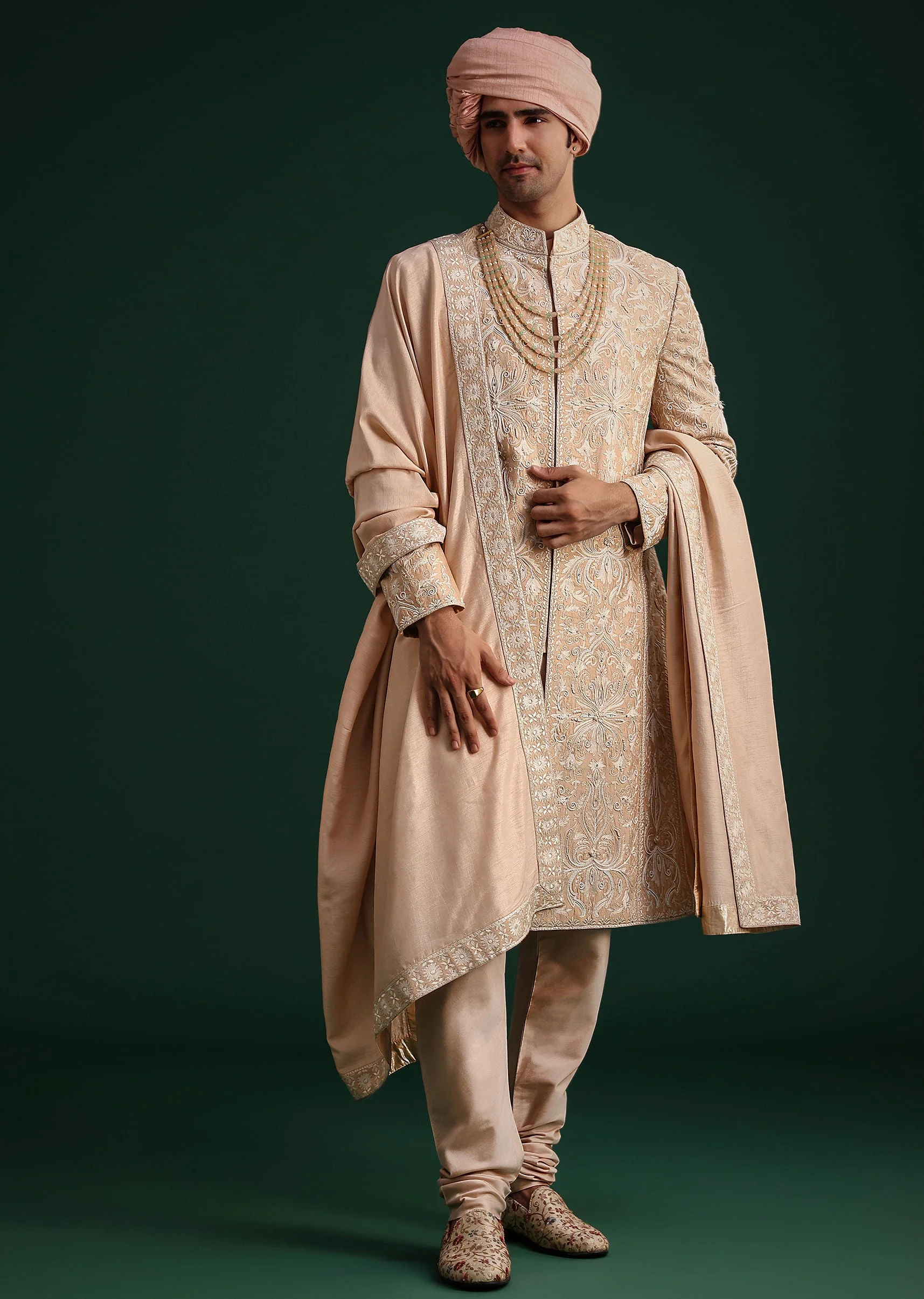 Pink Silk Blend Cotton Silk Sherwani Dupatta Set With Beaded Aari Work - Image 3