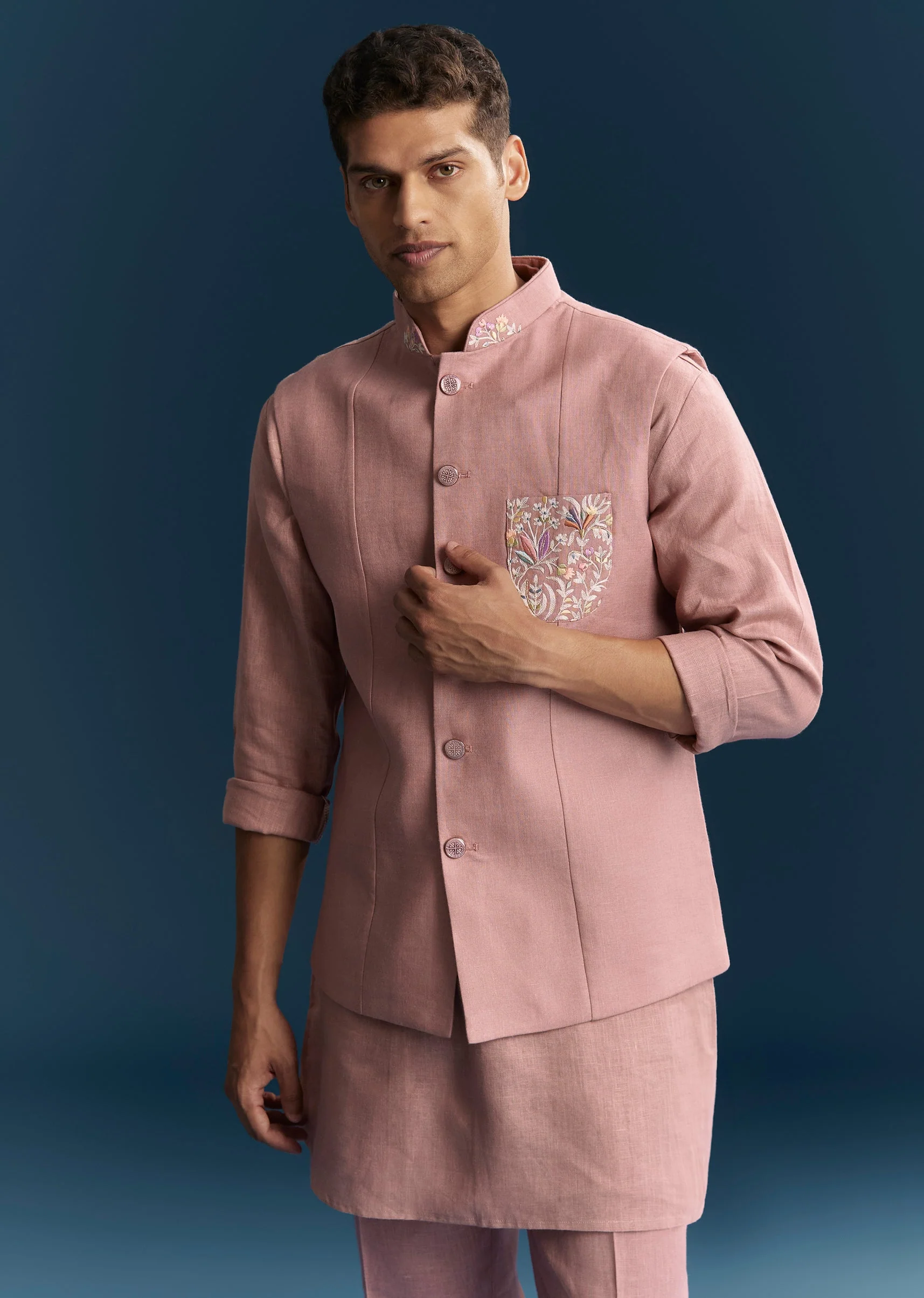 Pink Silk Kurta Jacket Set With Minimal Thread Detail Work - Image 4