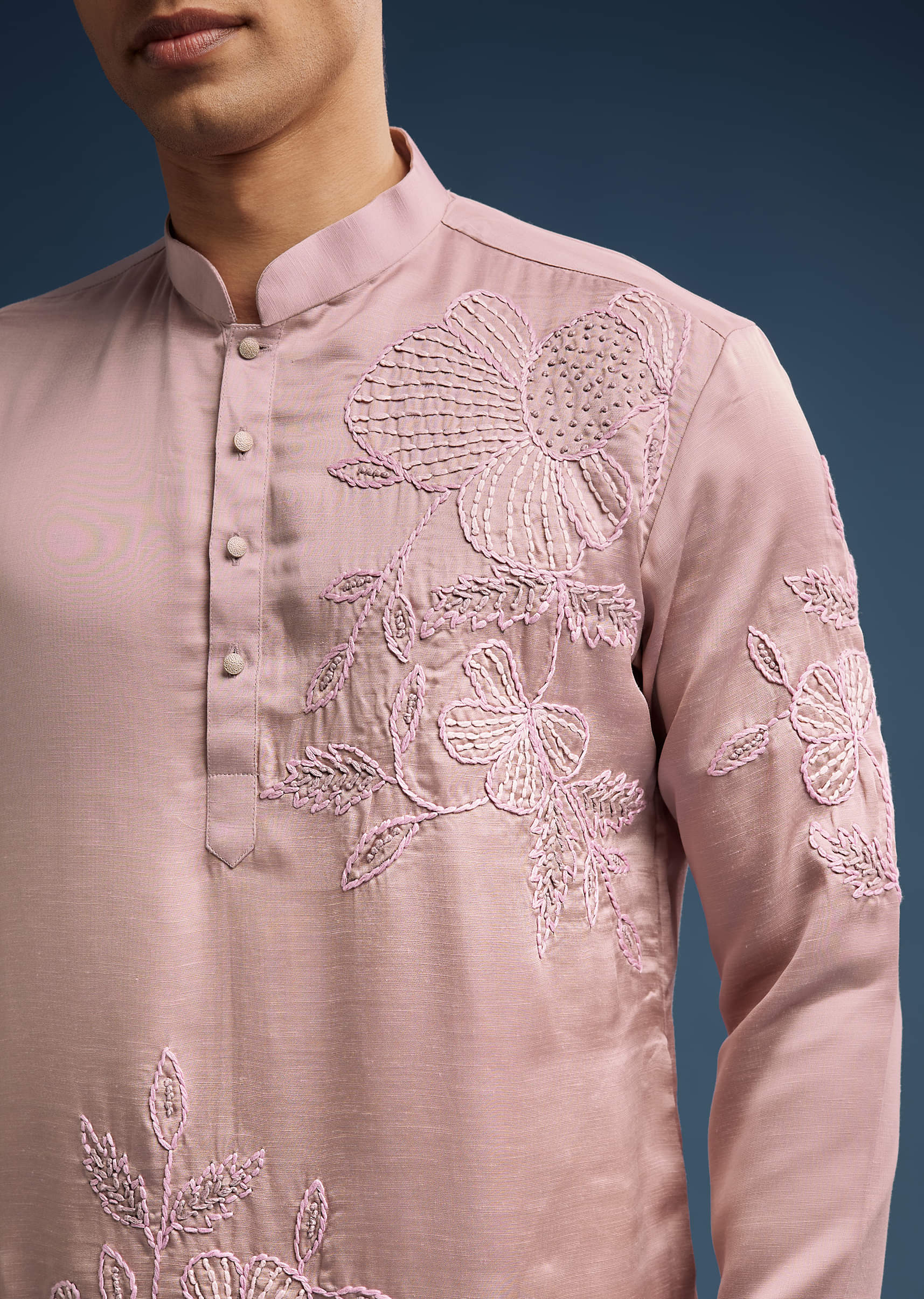 Pink Silk Kurta Set For Men With Hand Done Thread Work - Image 2