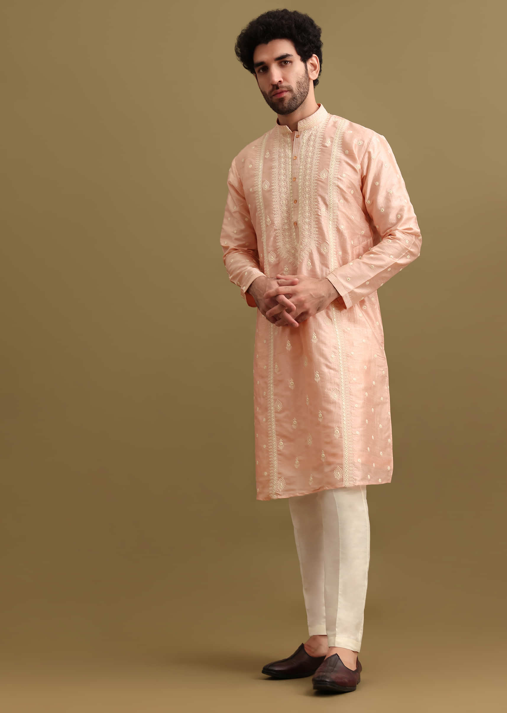 Pink Silk Kurta Set In Resham Work For Men - Image 3