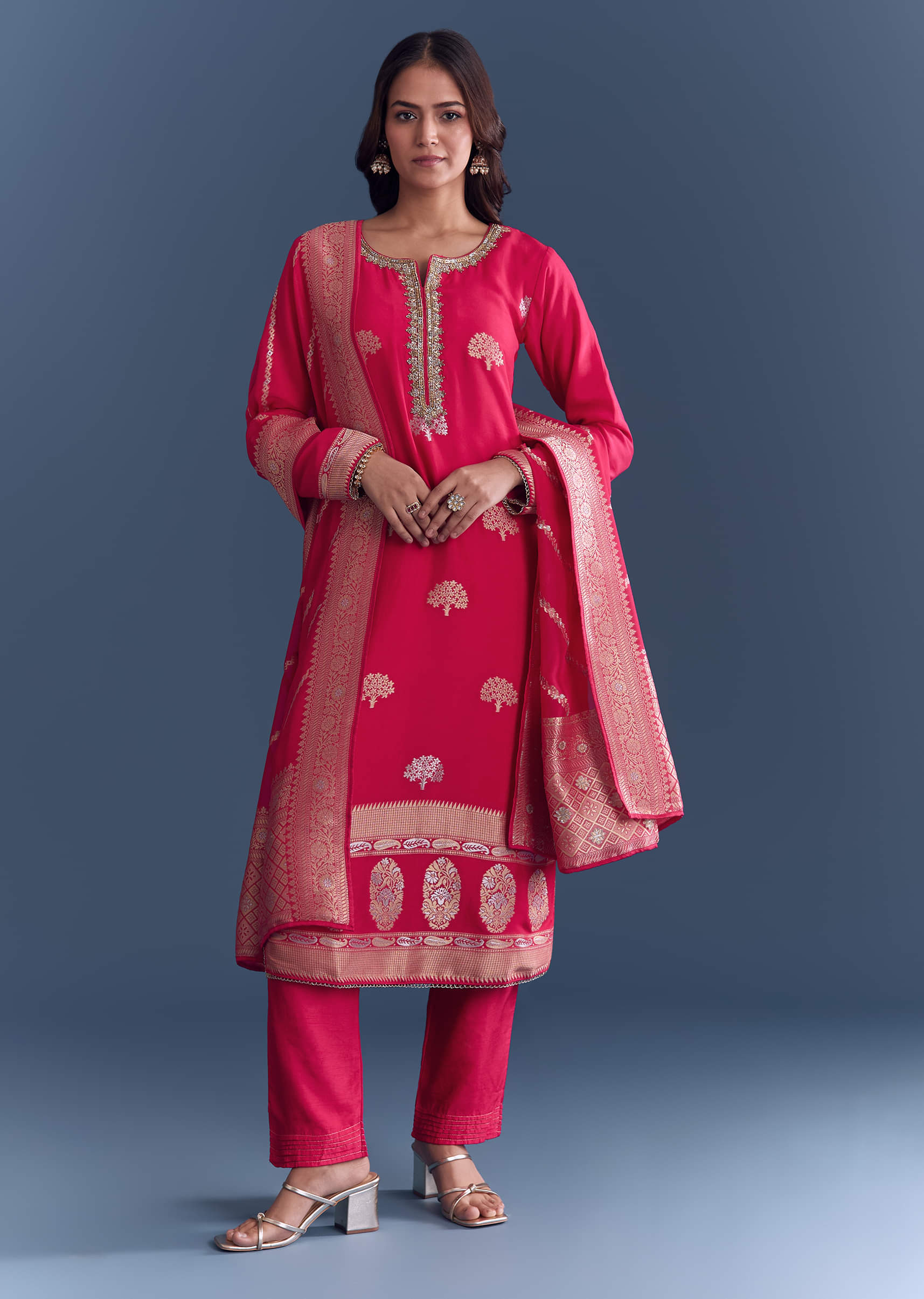 Pink Silk Kurta Set With Banarasi Weave - Image 3
