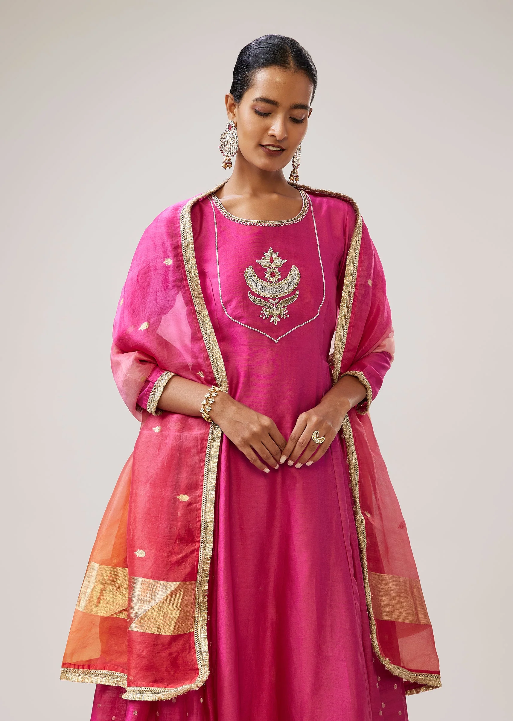 Pink Silver Zardozi Anarkali Set With Pant And Dupatta - Image 4