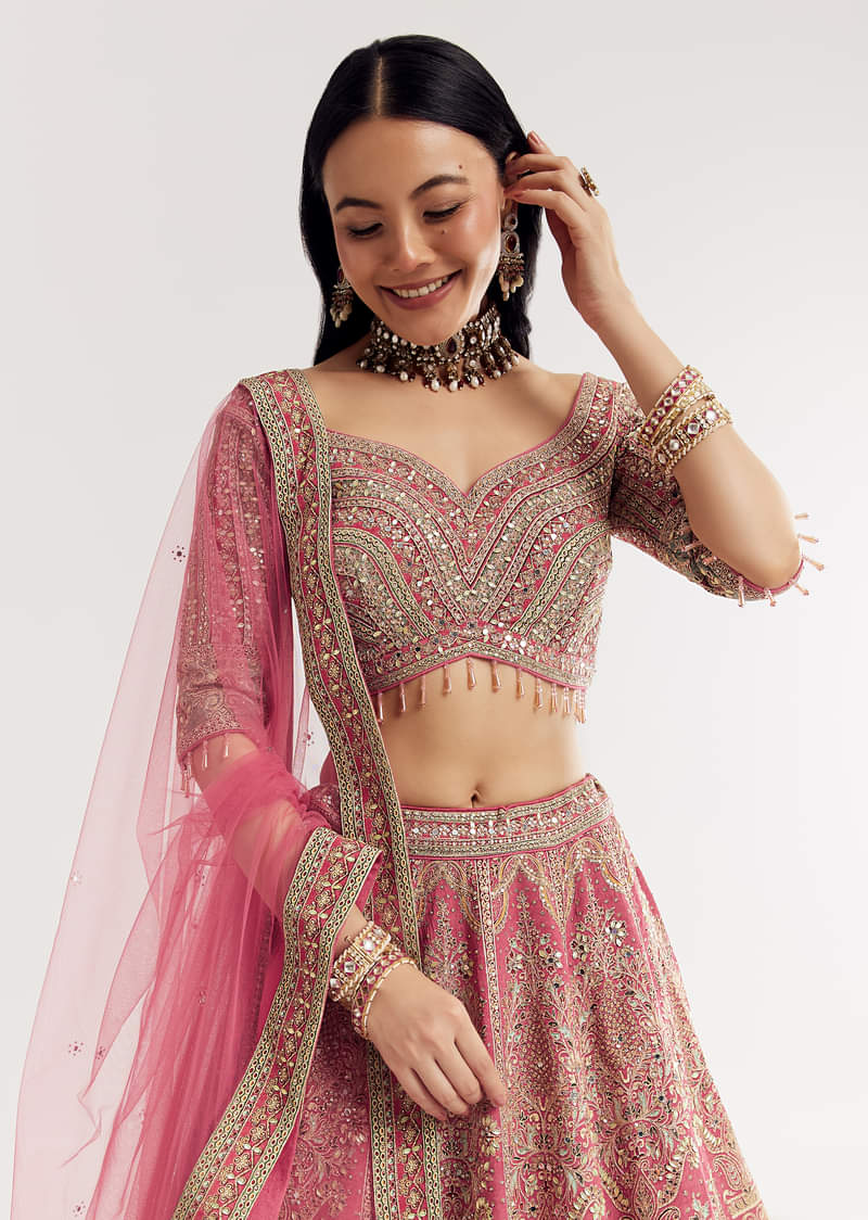 Pink Sweetheart Neck Georgette Cutdana Stonework Lehenga With Net Dupatta - Image 4