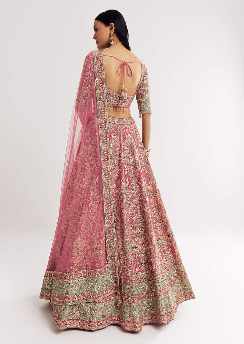Pink Sweetheart Neck Georgette Cutdana Stonework Lehenga With Net Dupatta - Image 7